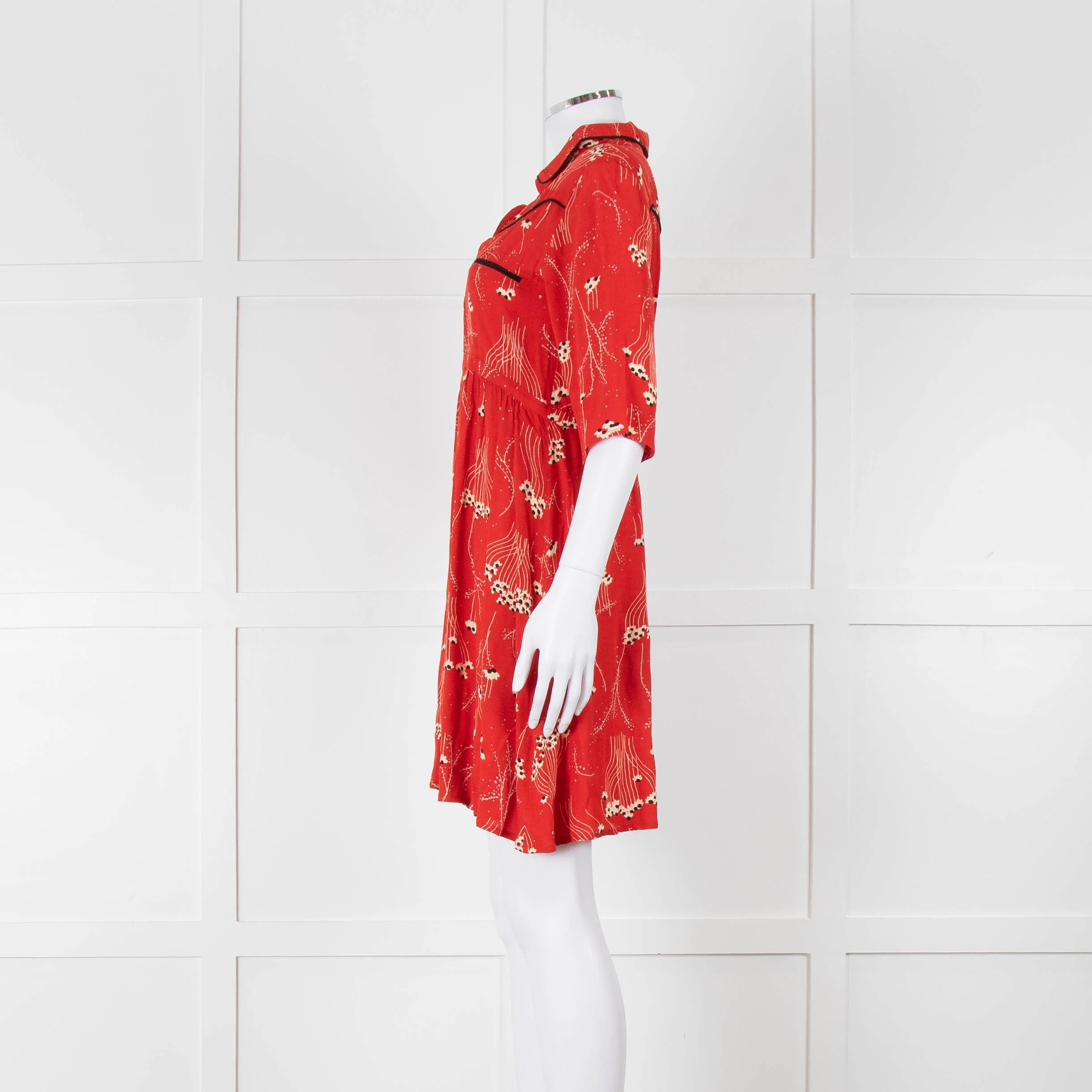 Ba&sh Orange Cream Floral Black Trim Short Sleeve Dress - Image 7