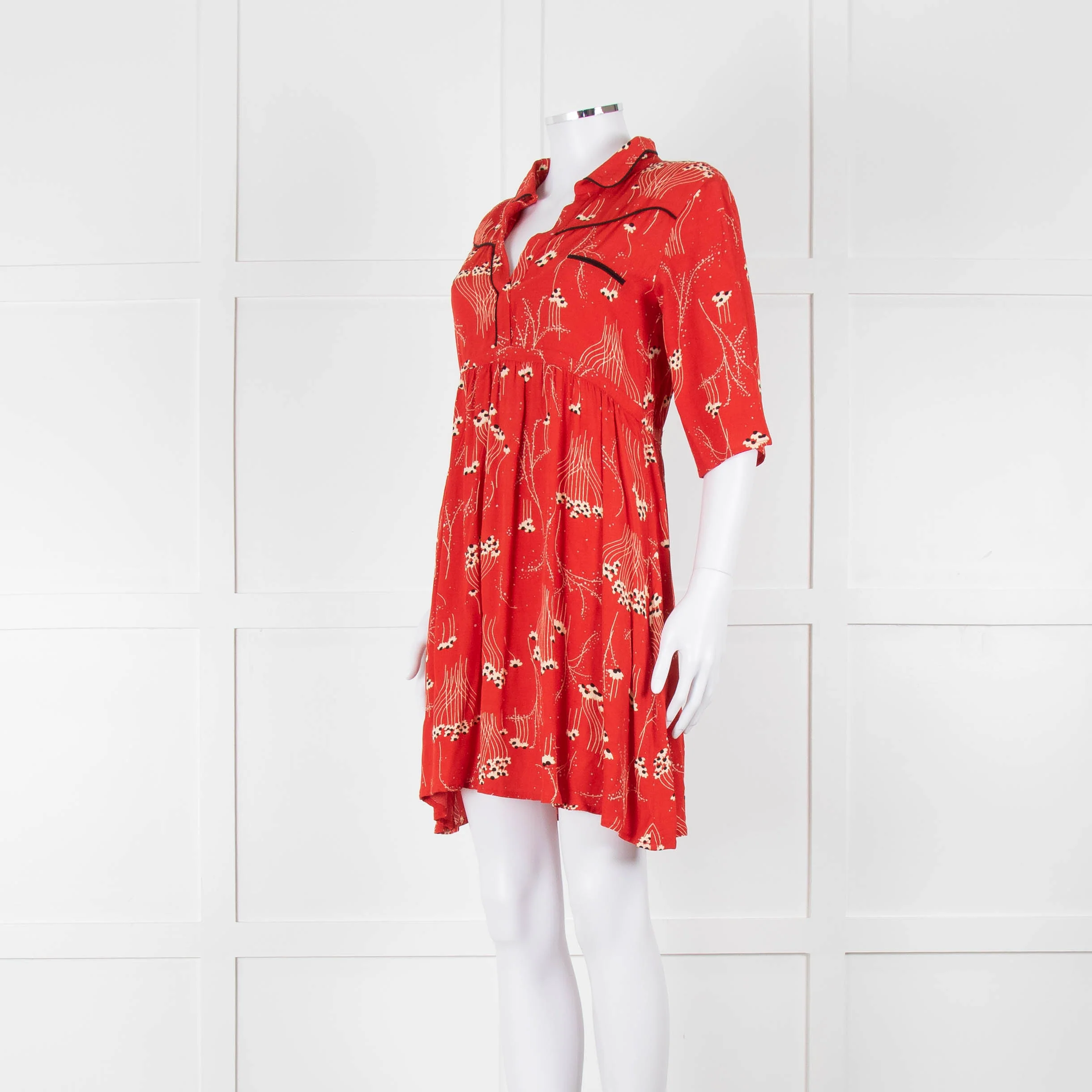 Ba&sh Orange Cream Floral Black Trim Short Sleeve Dress - Image 8