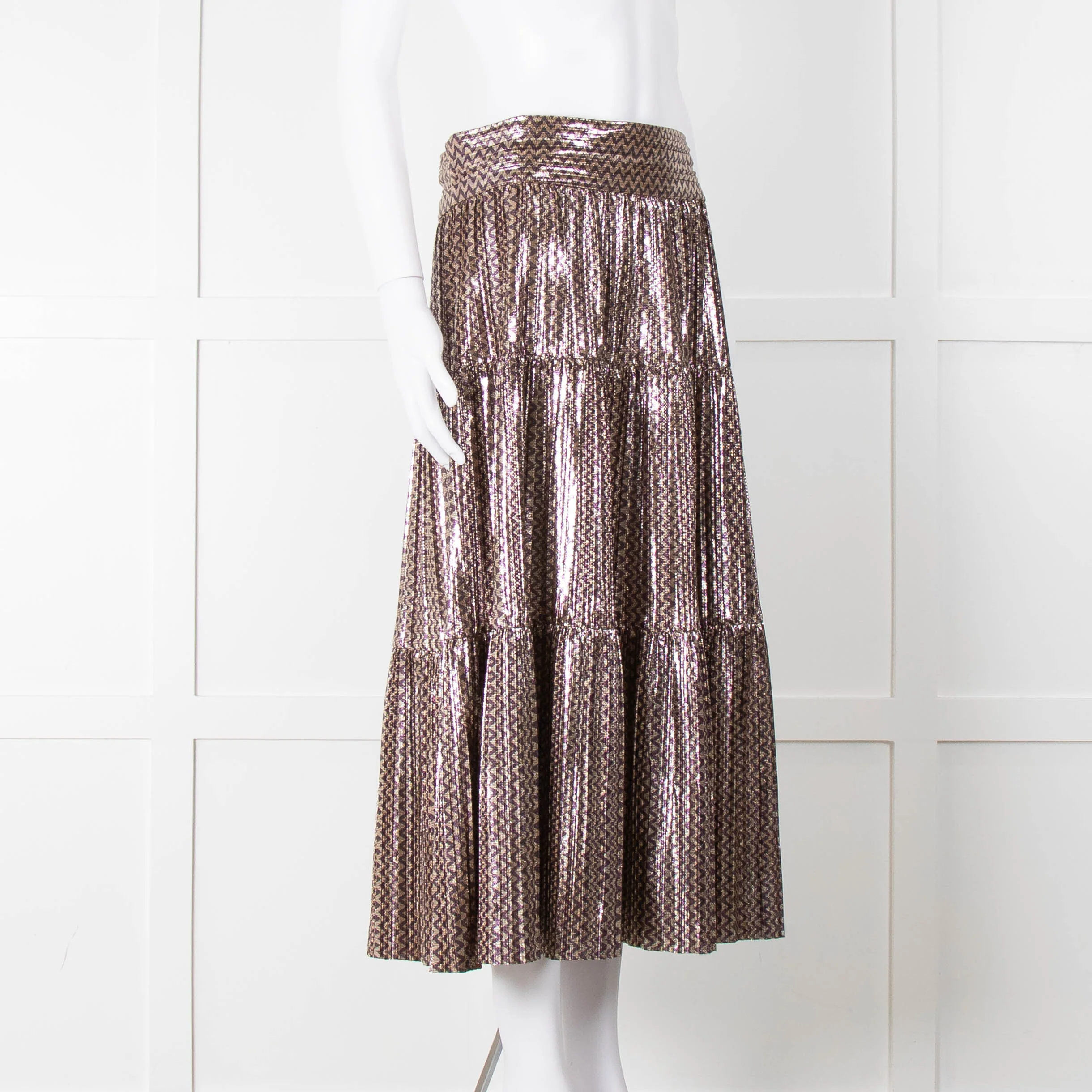Ba & Sh Purple Gold Metallic Tiered Midi Skirt