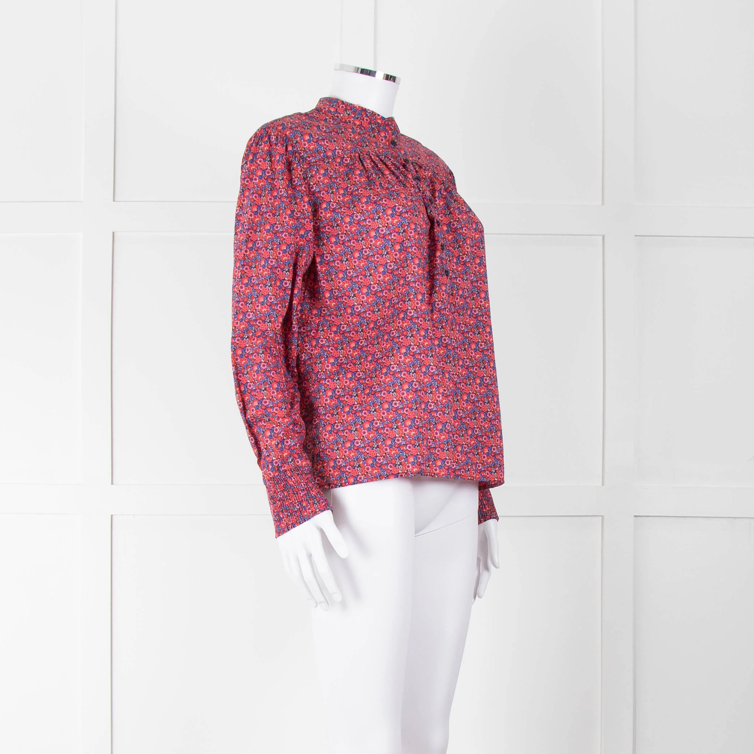 BA & SH Red Blue Cotton Floral Button Front Long Sleeve Top - Image 10