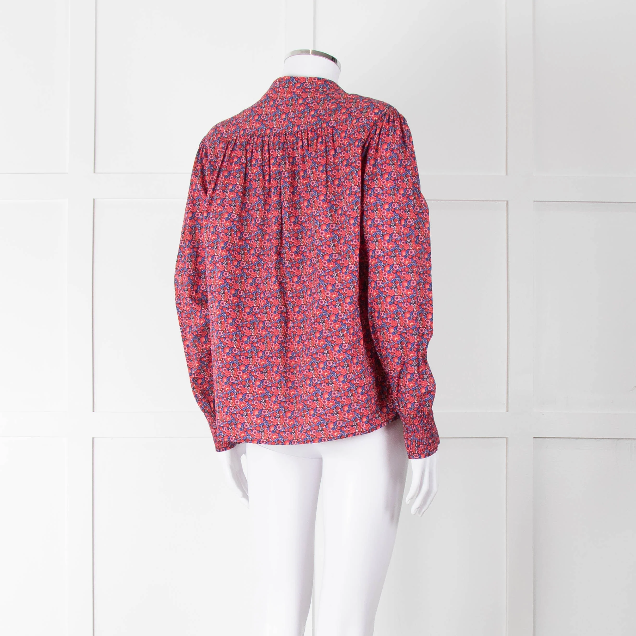 BA & SH Red Blue Cotton Floral Button Front Long Sleeve Top - Image 4
