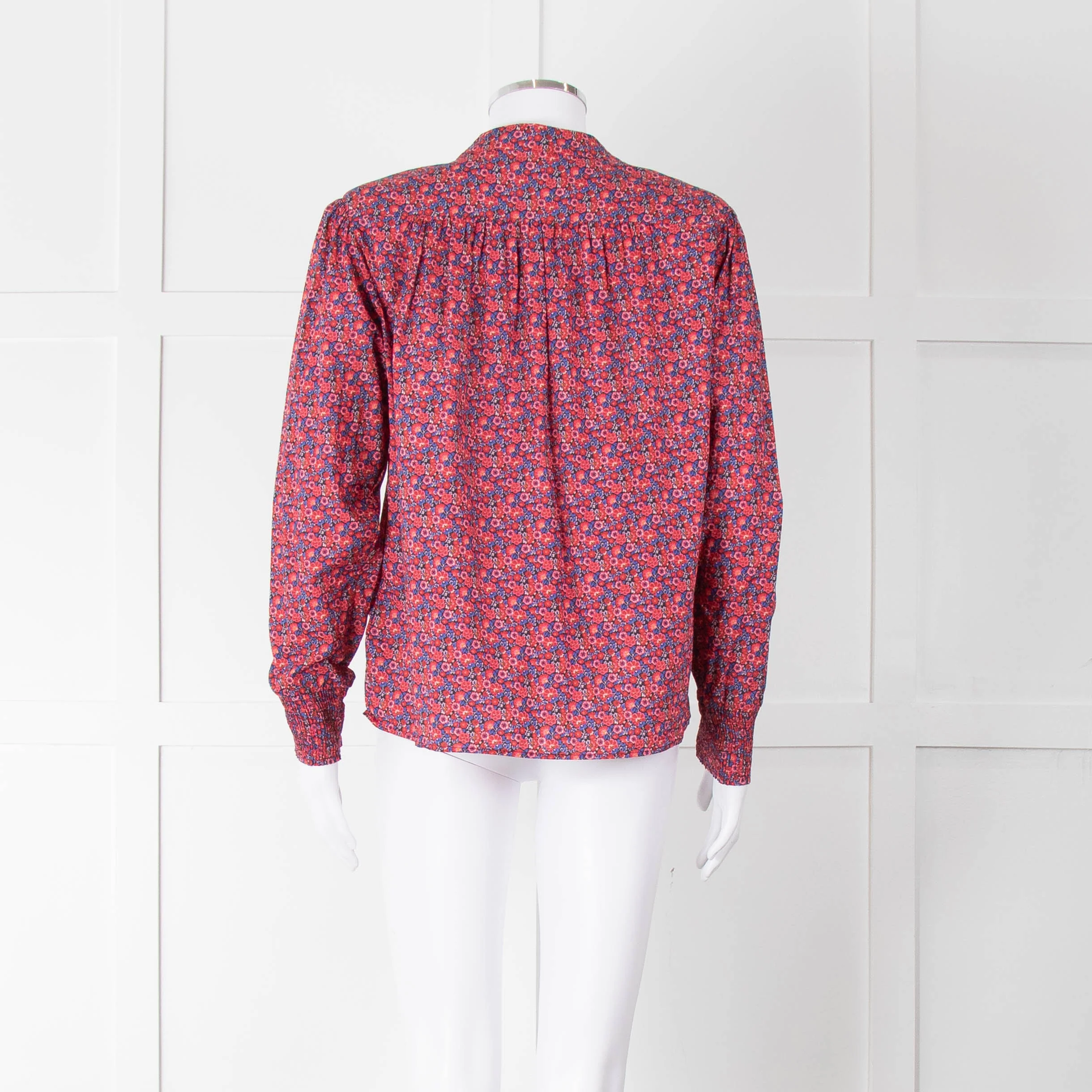 BA & SH Red Blue Cotton Floral Button Front Long Sleeve Top - Image 5
