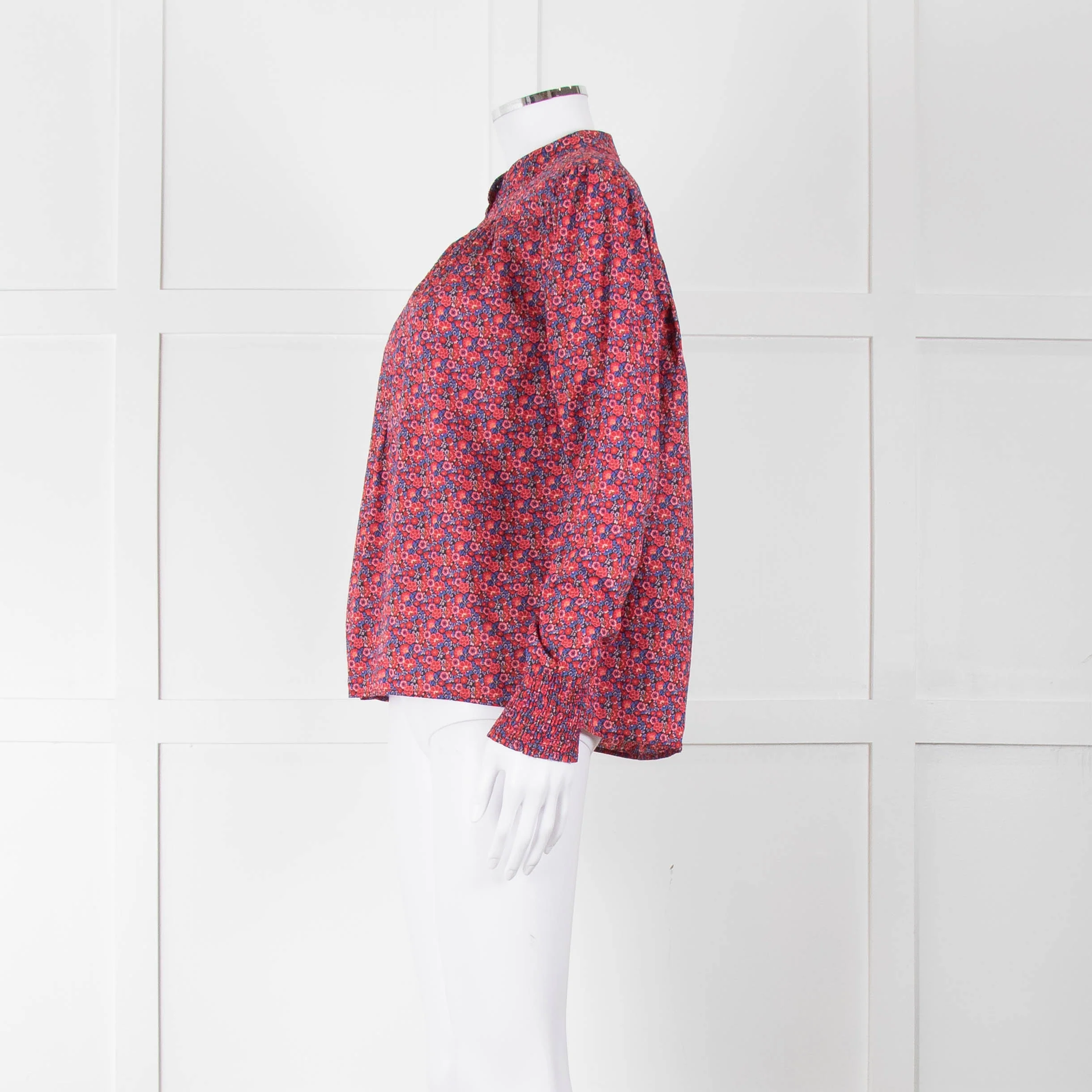 BA & SH Red Blue Cotton Floral Button Front Long Sleeve Top - Image 7
