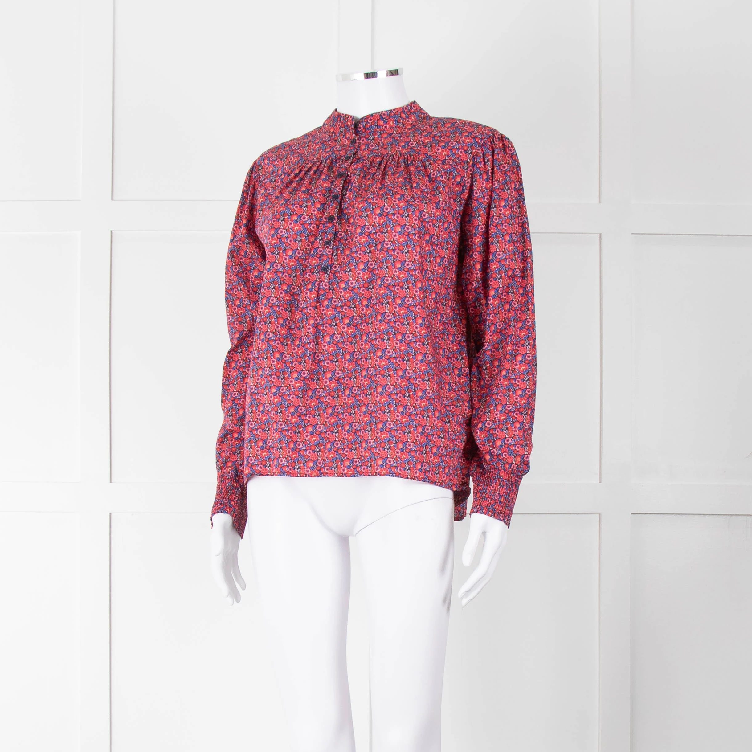 BA & SH Red Blue Cotton Floral Button Front Long Sleeve Top - Image 8