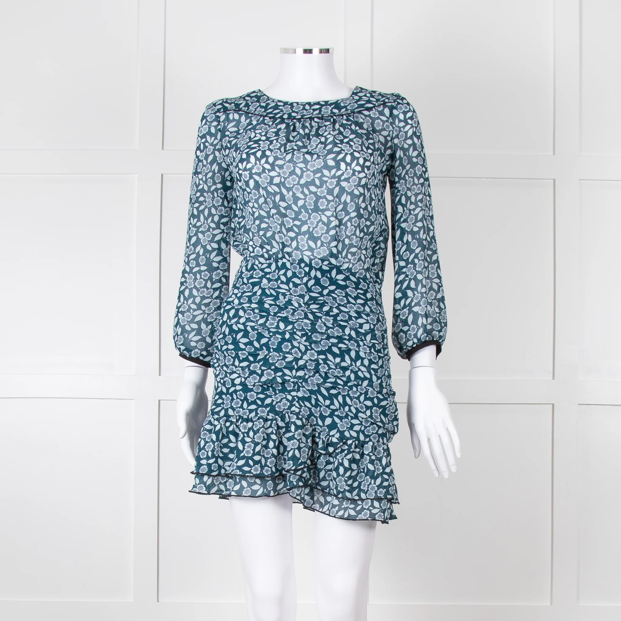Ba&sh Teal White Floral Ruched Detail Mini Dress