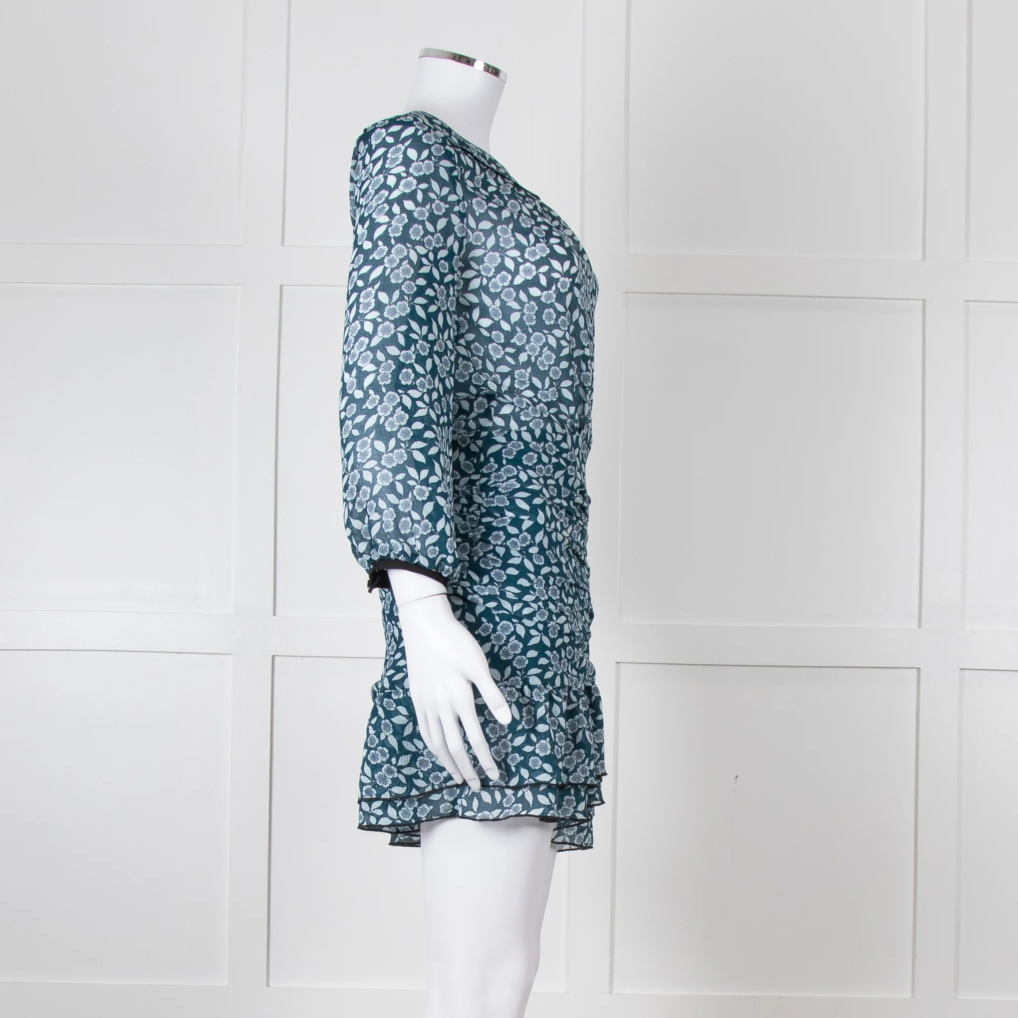 Ba&sh Teal White Floral Ruched Detail Mini Dress - Image 3