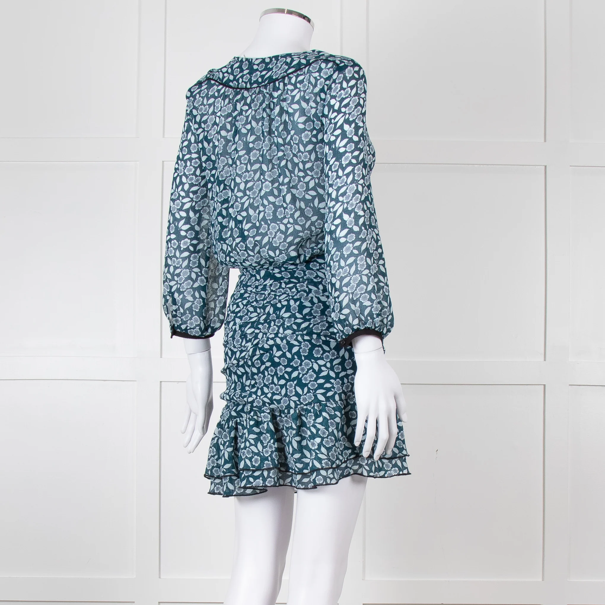 Ba&sh Teal White Floral Ruched Detail Mini Dress - Image 4
