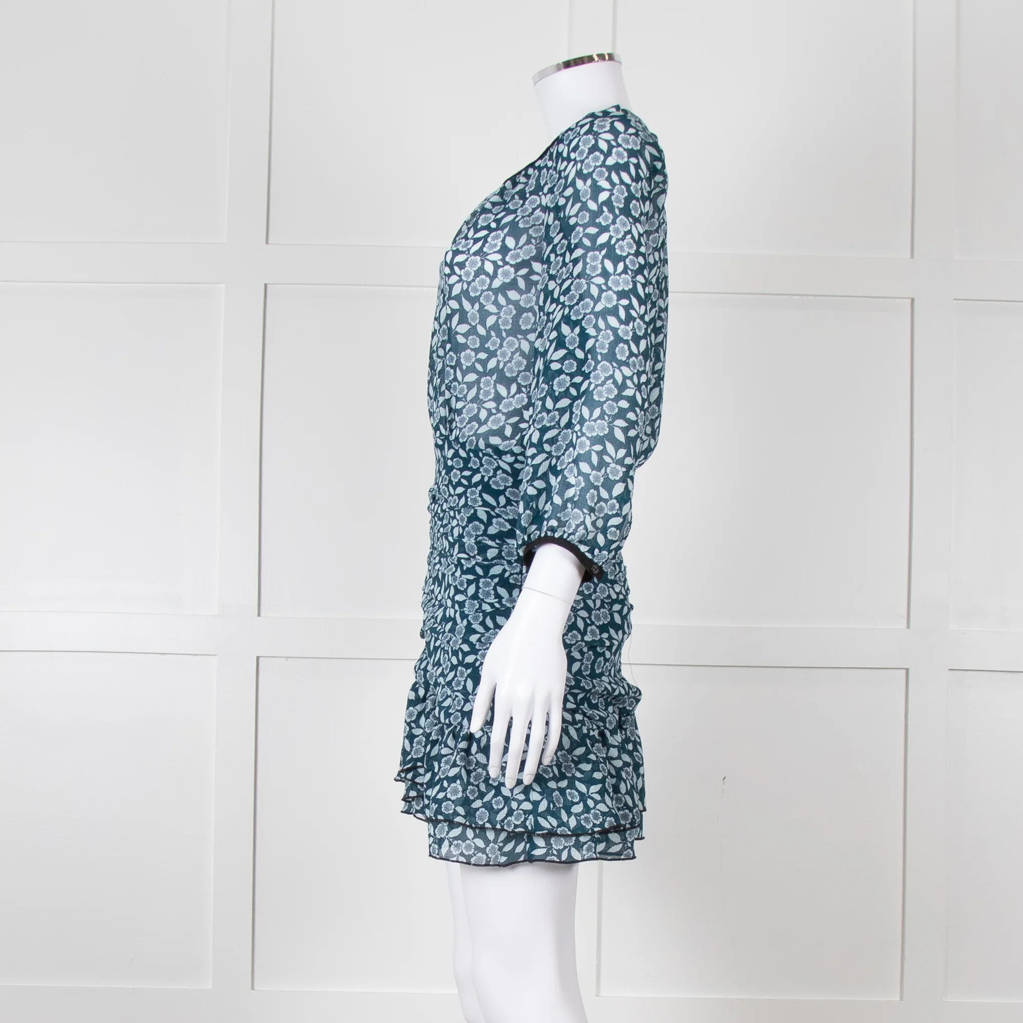 Ba&sh Teal White Floral Ruched Detail Mini Dress - Image 7