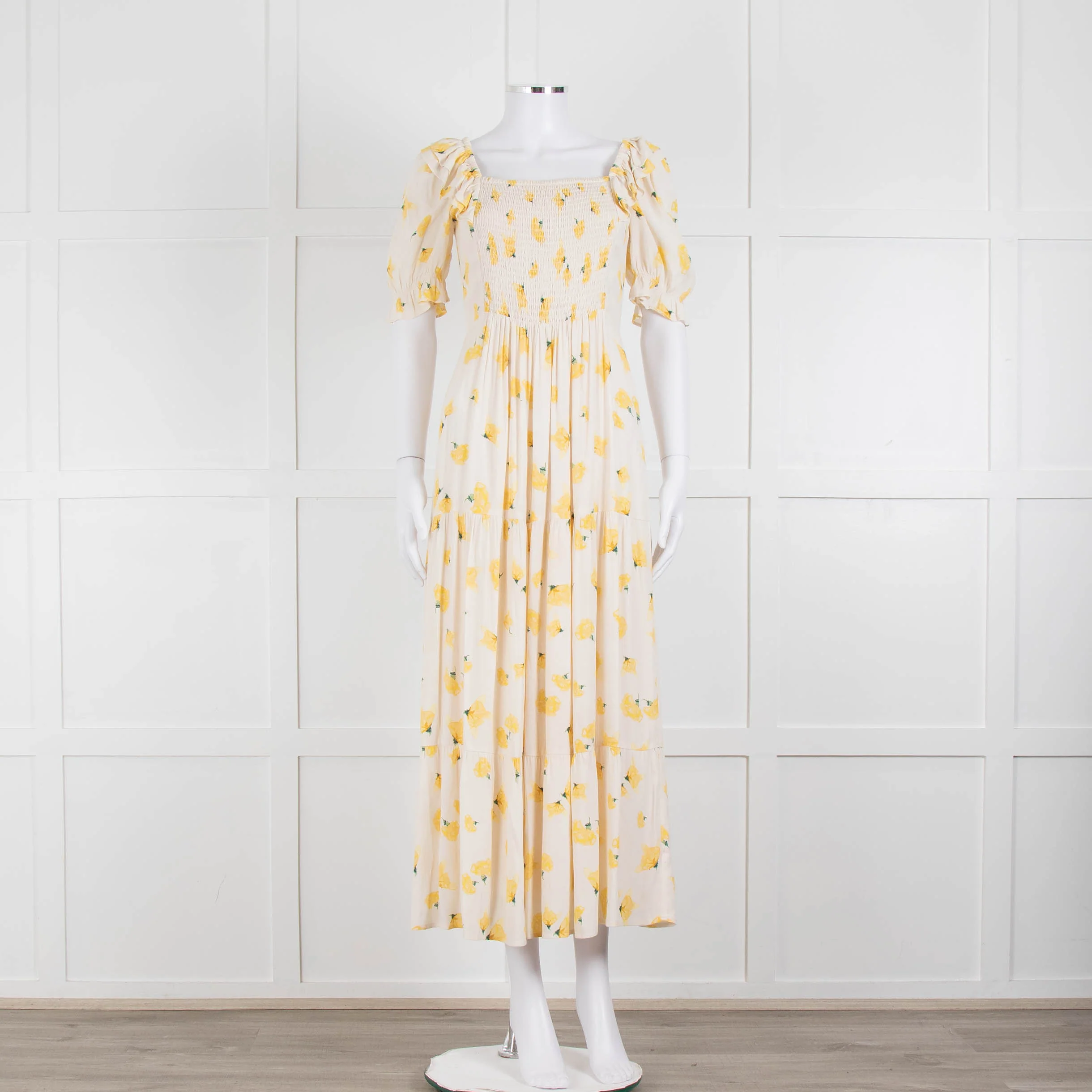 Ba&sh Yellow Floral Puff Sleeve Tiered Maxi Dress