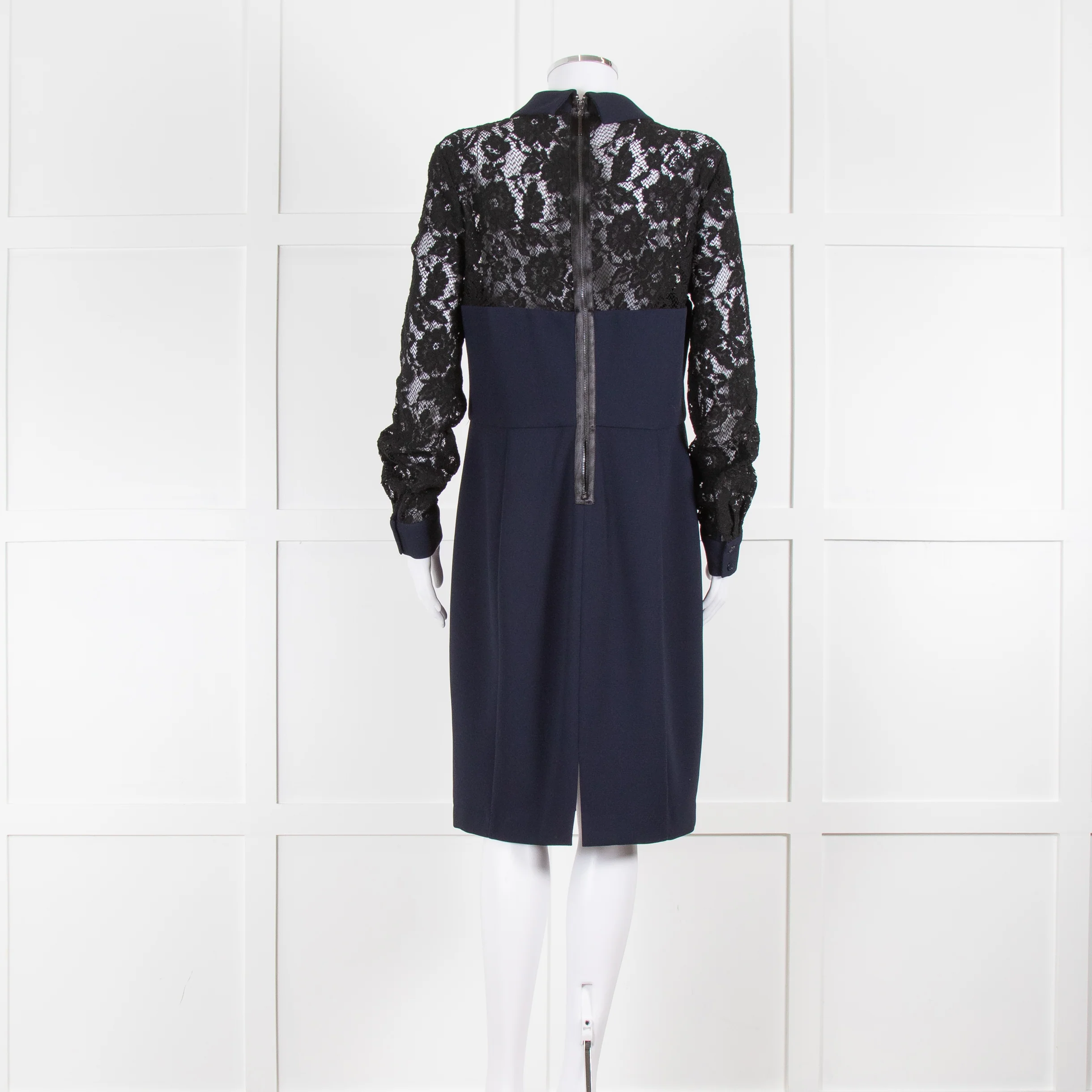 Badgley Mischka Collared Navy Tailored Dress with Black Lace Panels - Image 3