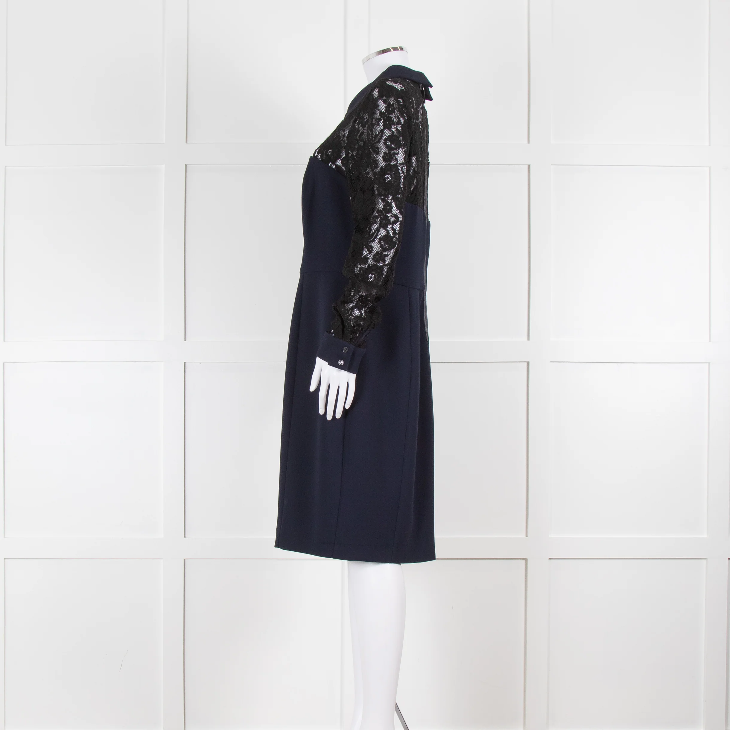 Badgley Mischka Collared Navy Tailored Dress with Black Lace Panels - Image 4