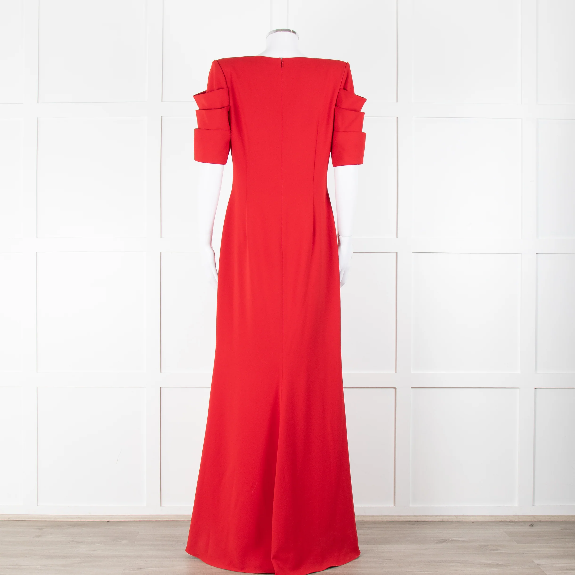 Badgley Mischka Red Full Length Gown with Fold Detail Sleeves - Image 5