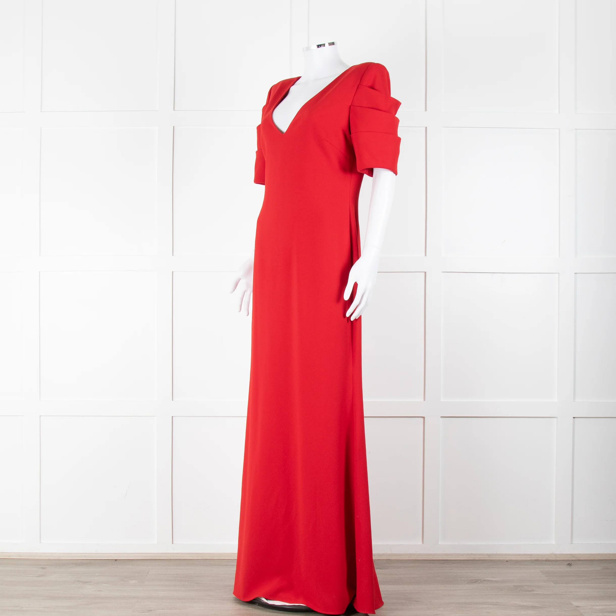 Badgley Mischka Red Full Length Gown with Fold Detail Sleeves - Image 8