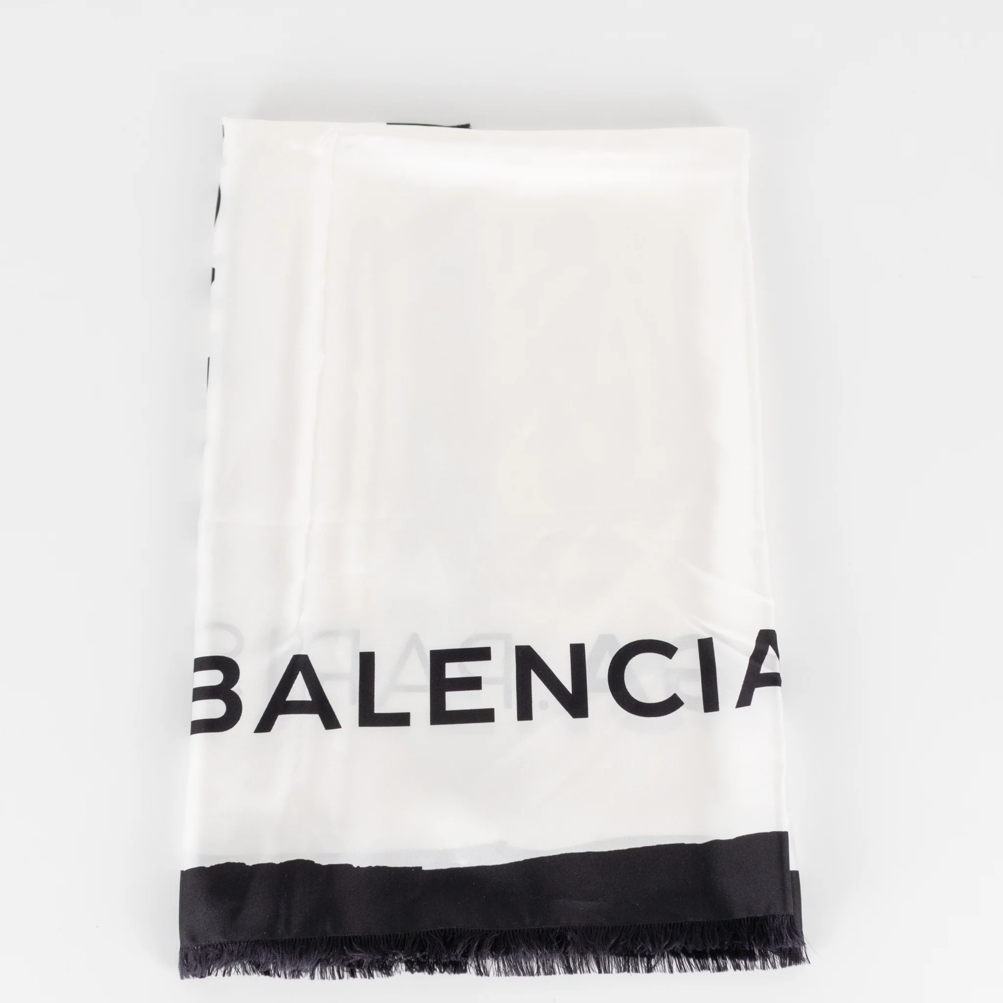 Balenciaga Cream Silk Scarf With Logo And Black Fringe - Image 3