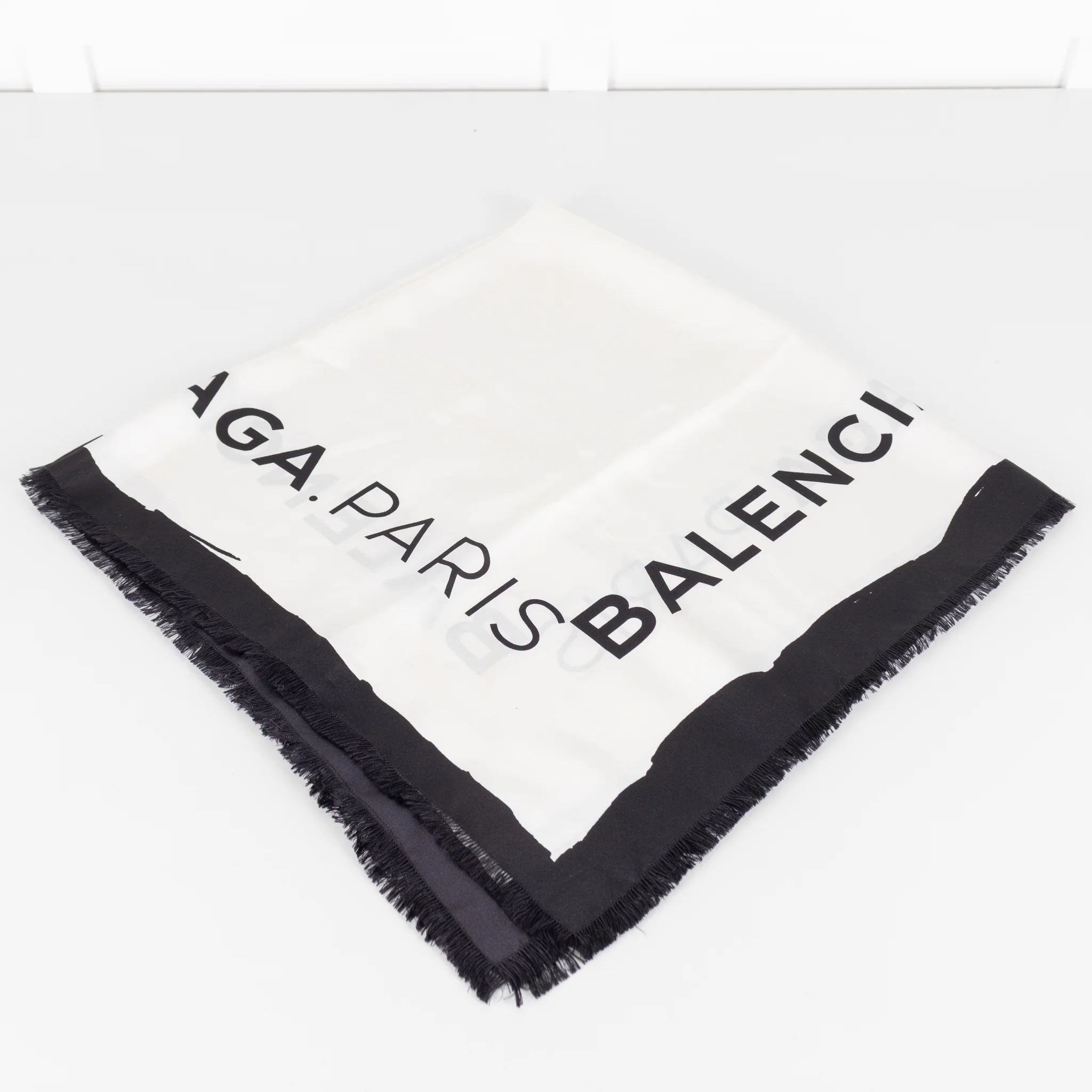 Balenciaga Cream Silk Scarf With Logo And Black Fringe - Image 4