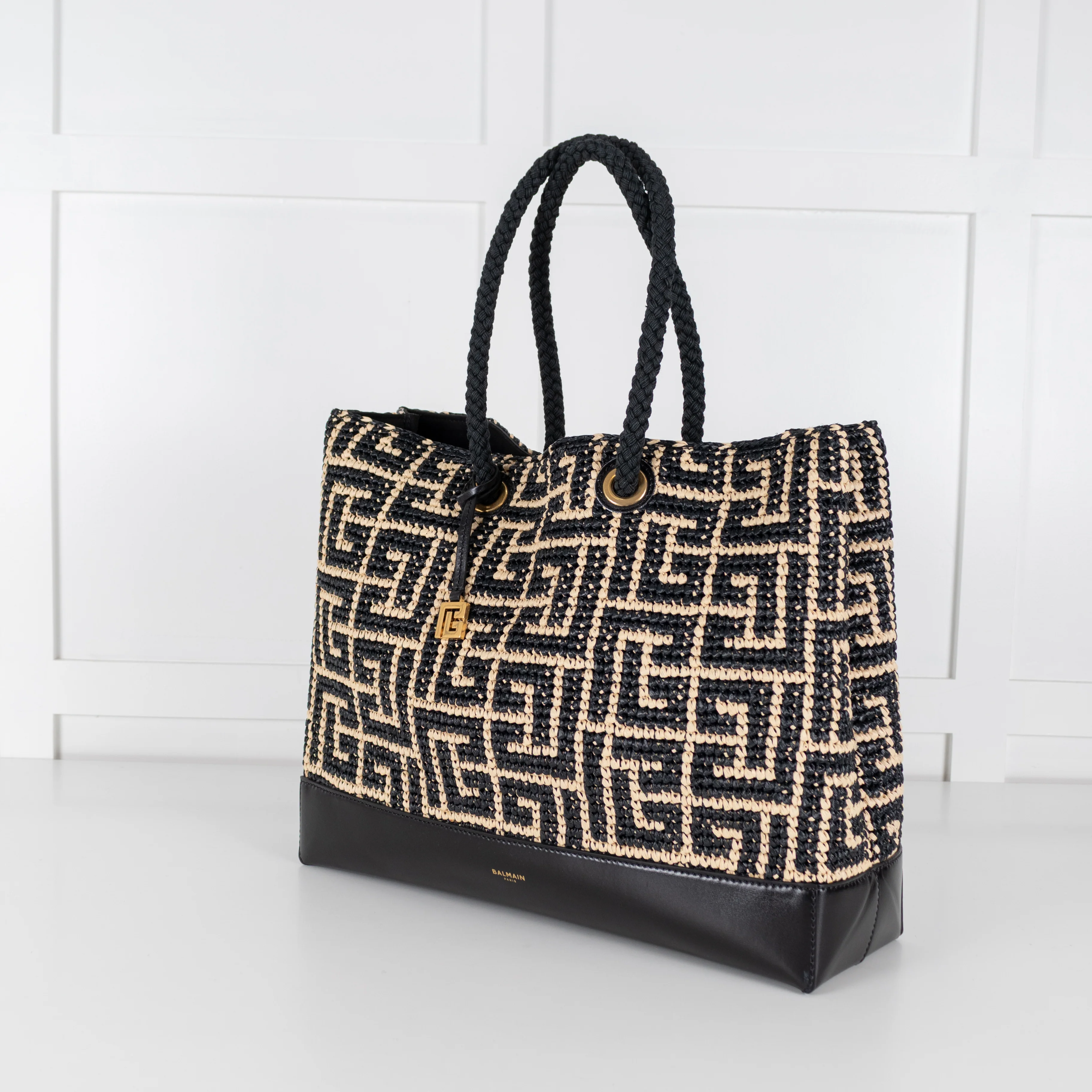 Balmain Black and Natural Raffia Tote Bag with Rope Handles - Image 11
