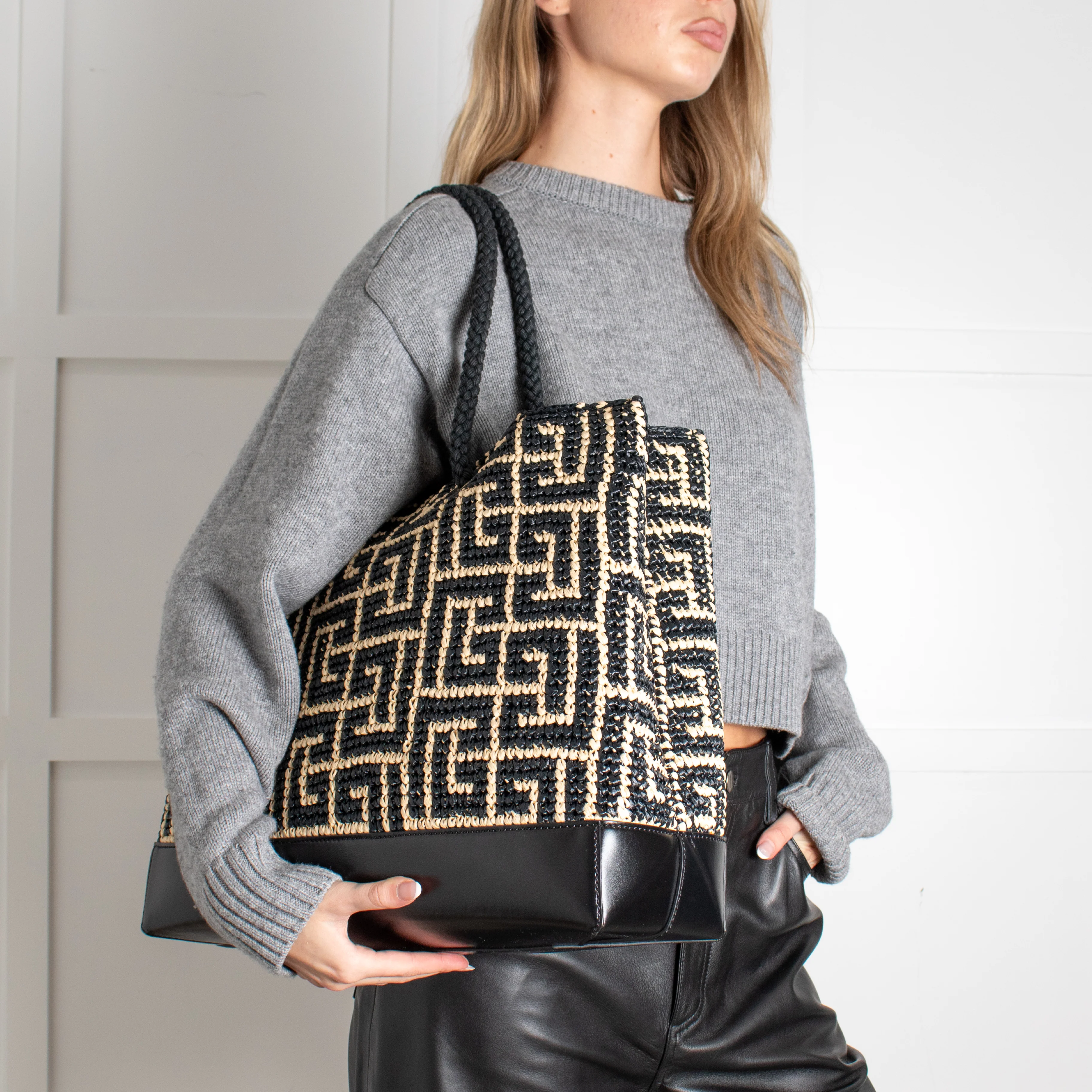 Balmain Black and Natural Raffia Tote Bag with Rope Handles - Image 4
