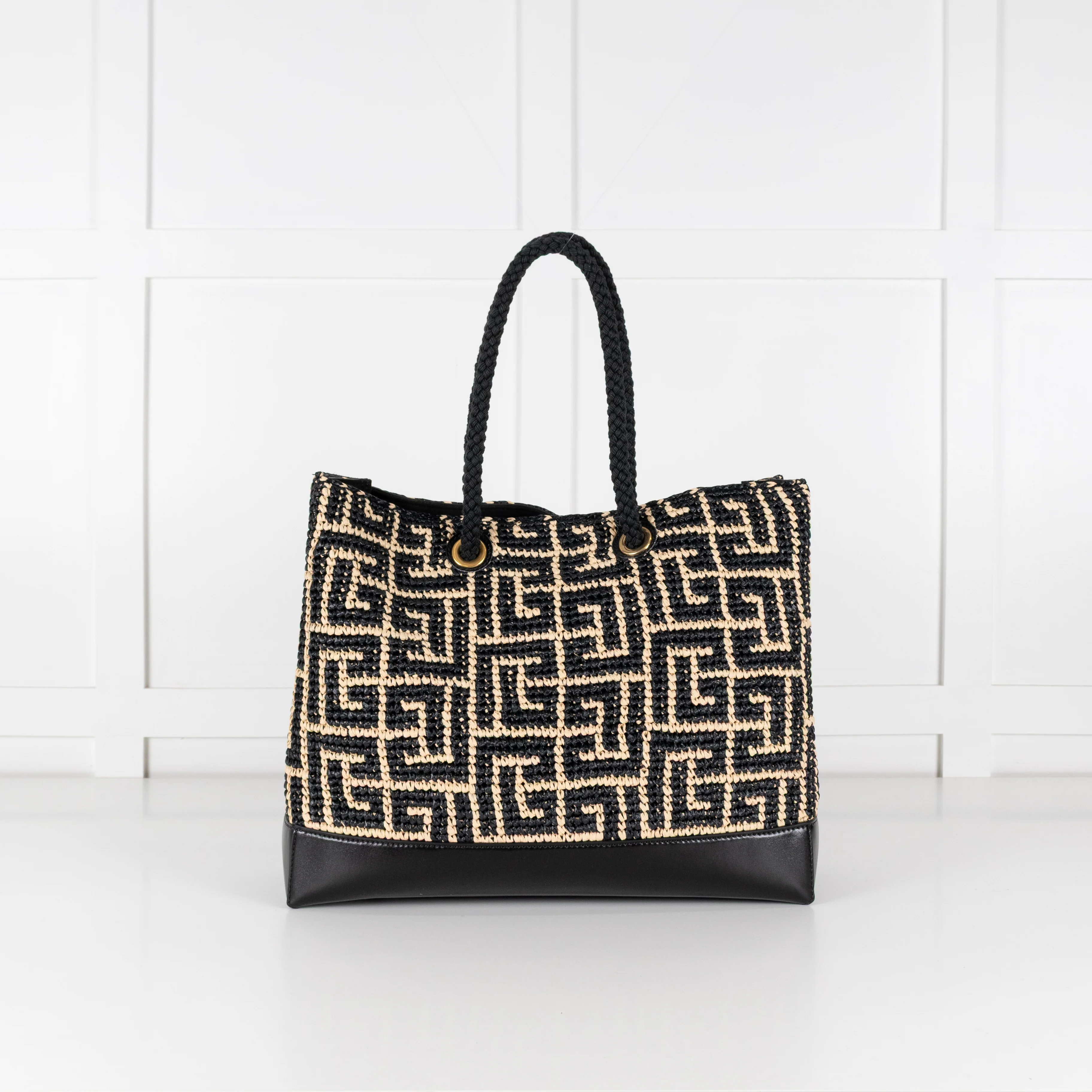 Balmain Black and Natural Raffia Tote Bag with Rope Handles - Image 7
