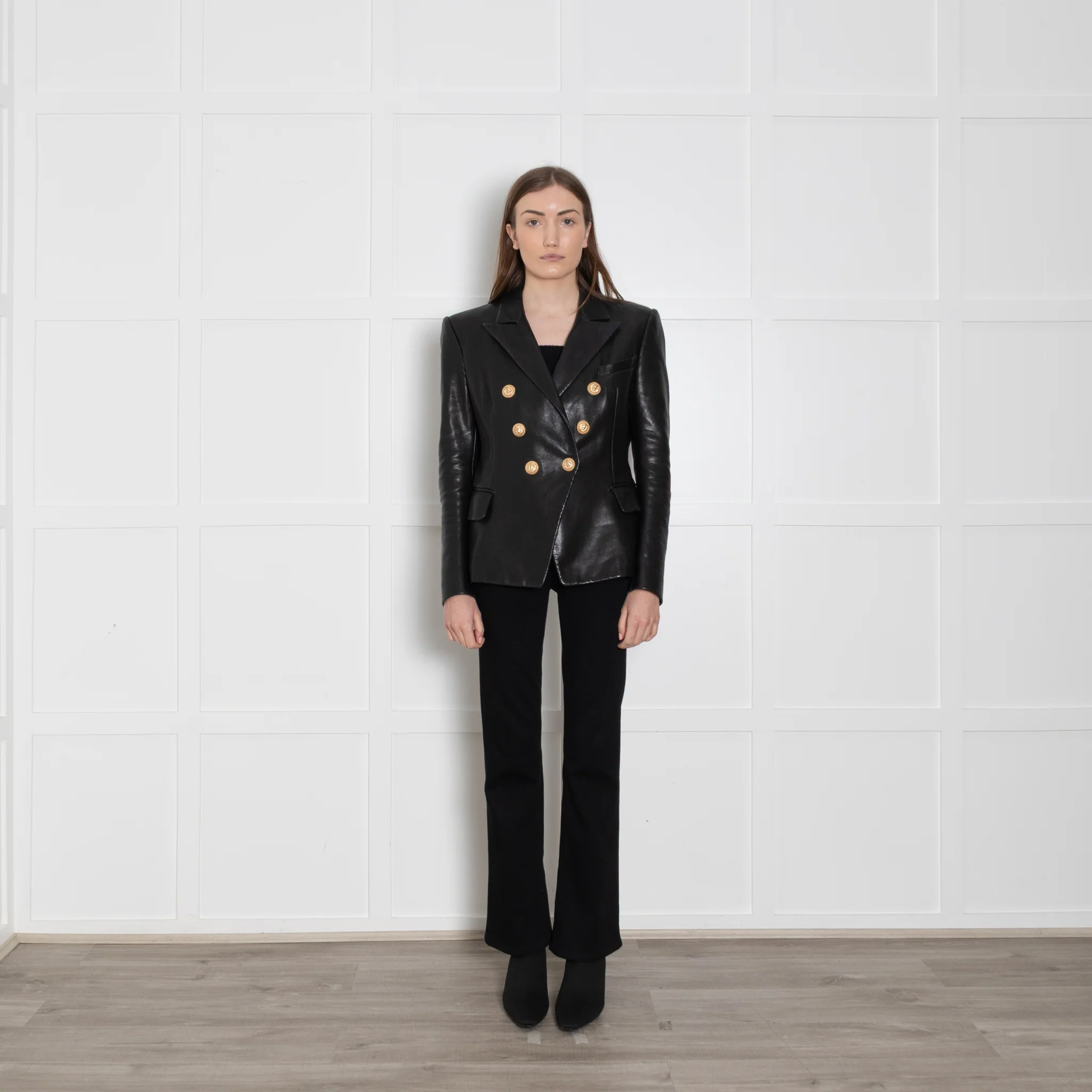 Balmain Black Leather Double Breasted Blazer