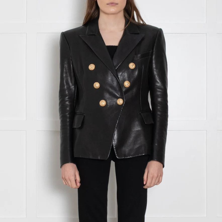 Balmain Black Leather Double Breasted Blazer - Image 2