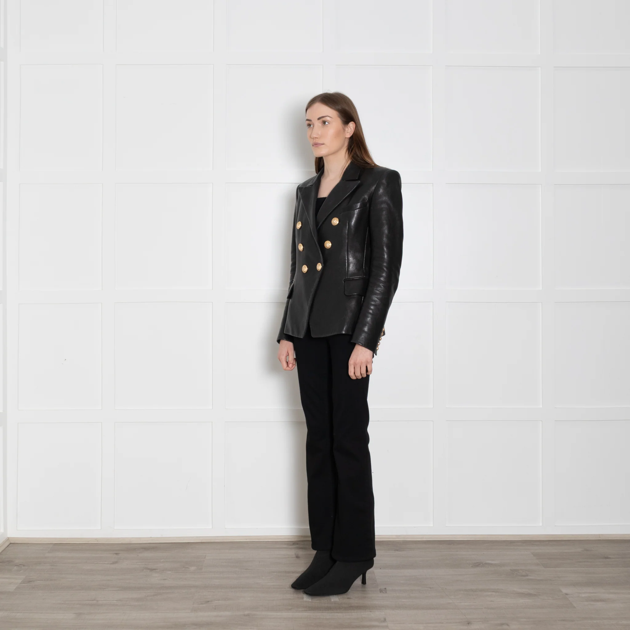 Balmain Black Leather Double Breasted Blazer - Image 3