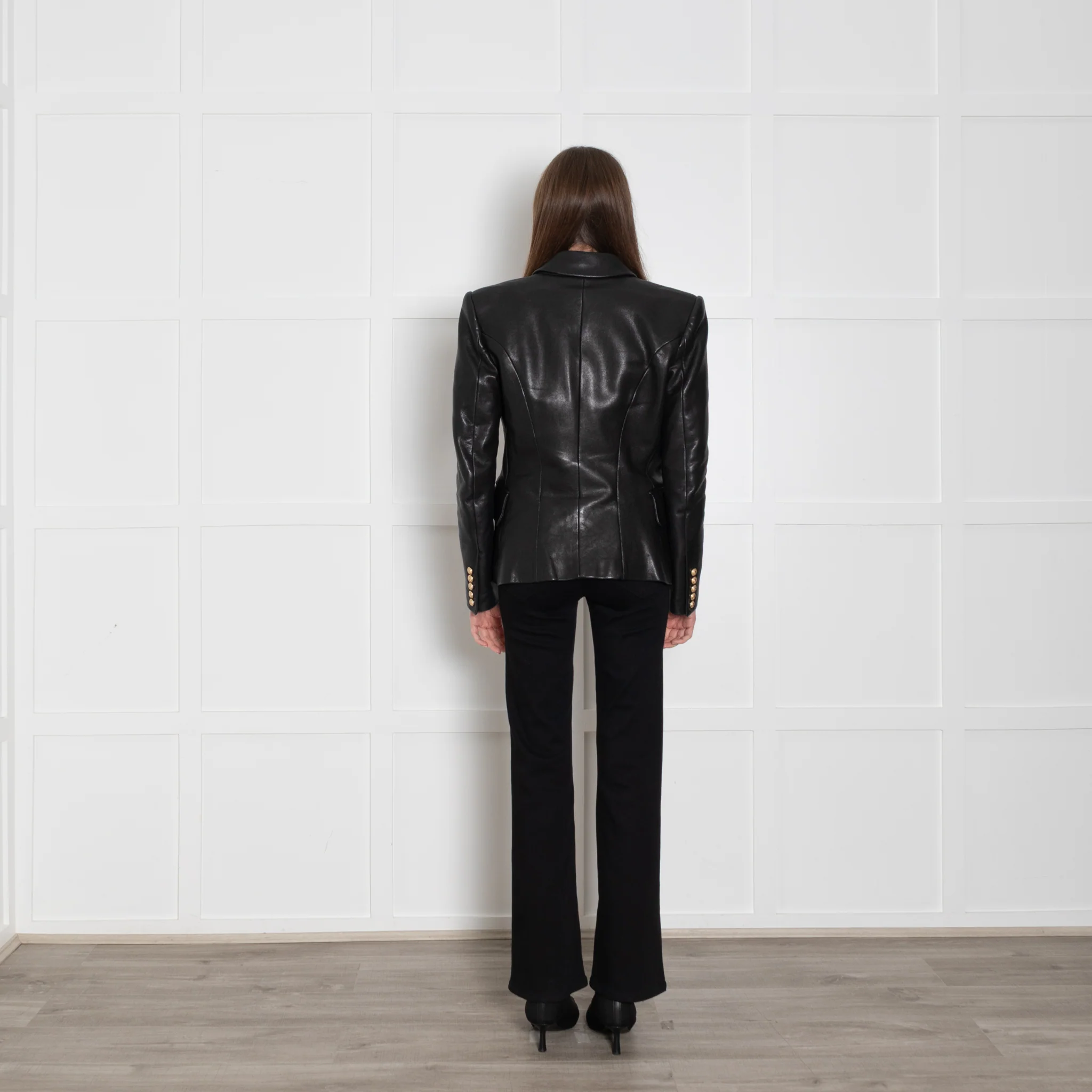 Balmain Black Leather Double Breasted Blazer - Image 5