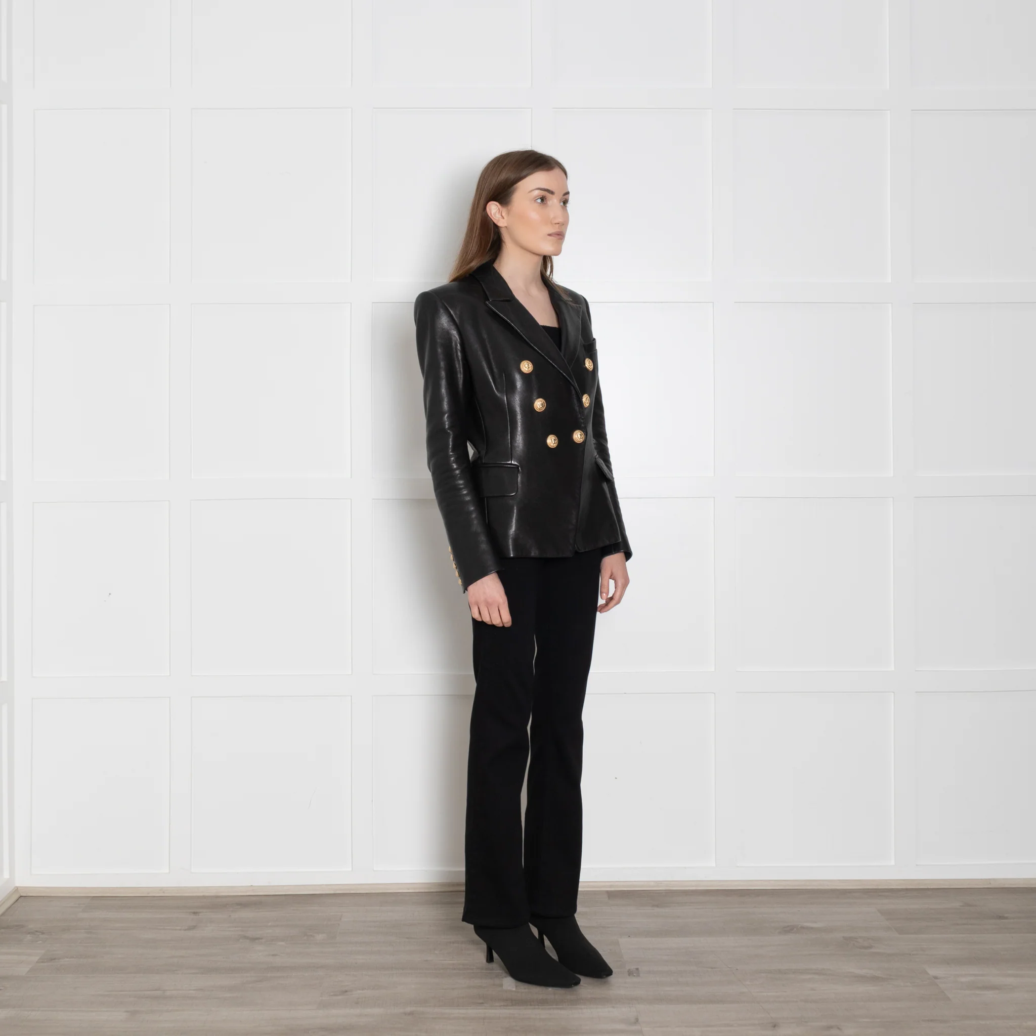 Balmain Black Leather Double Breasted Blazer - Image 7