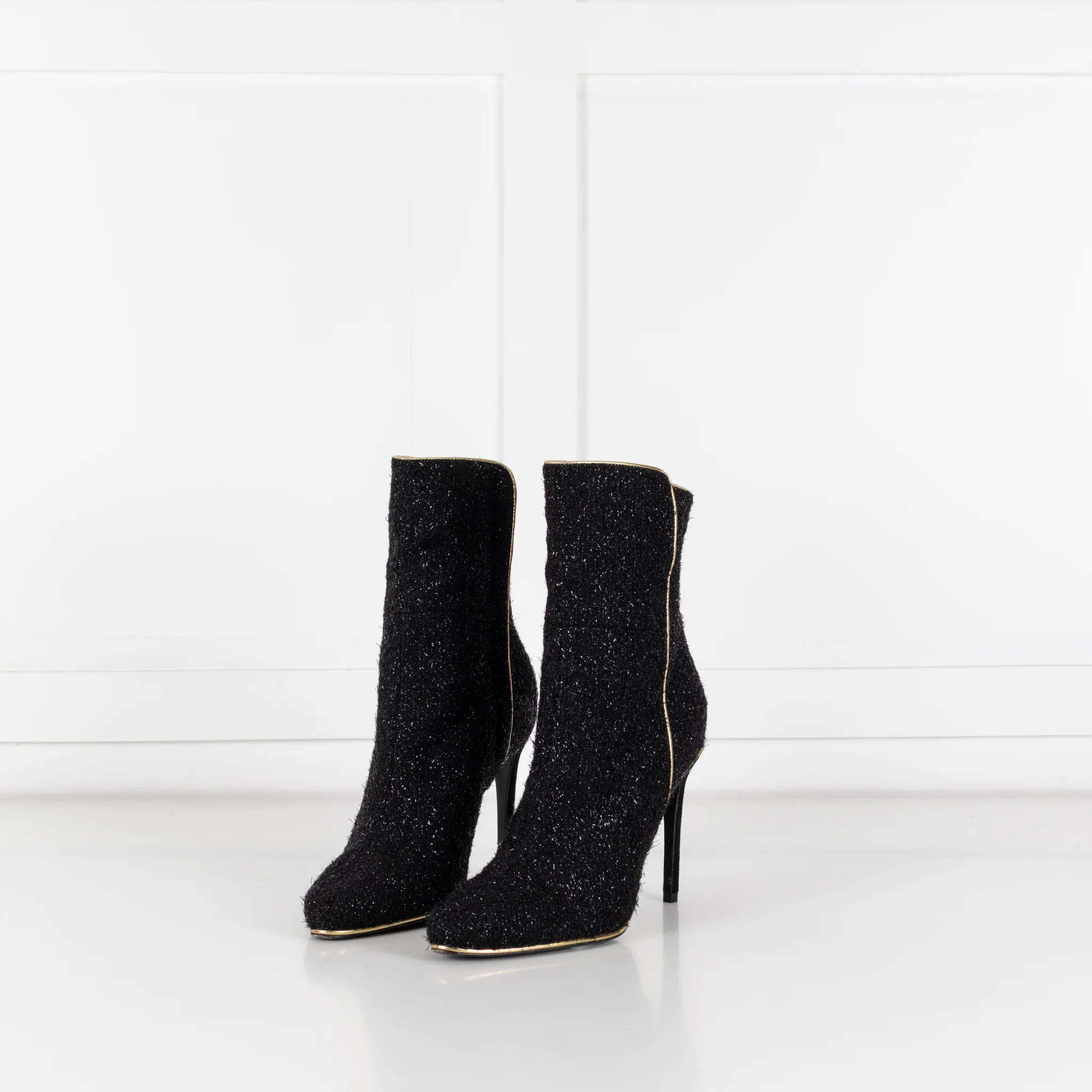 Balmain Black Lurex Sparkle Fabric Gold Trim Ankle Boots