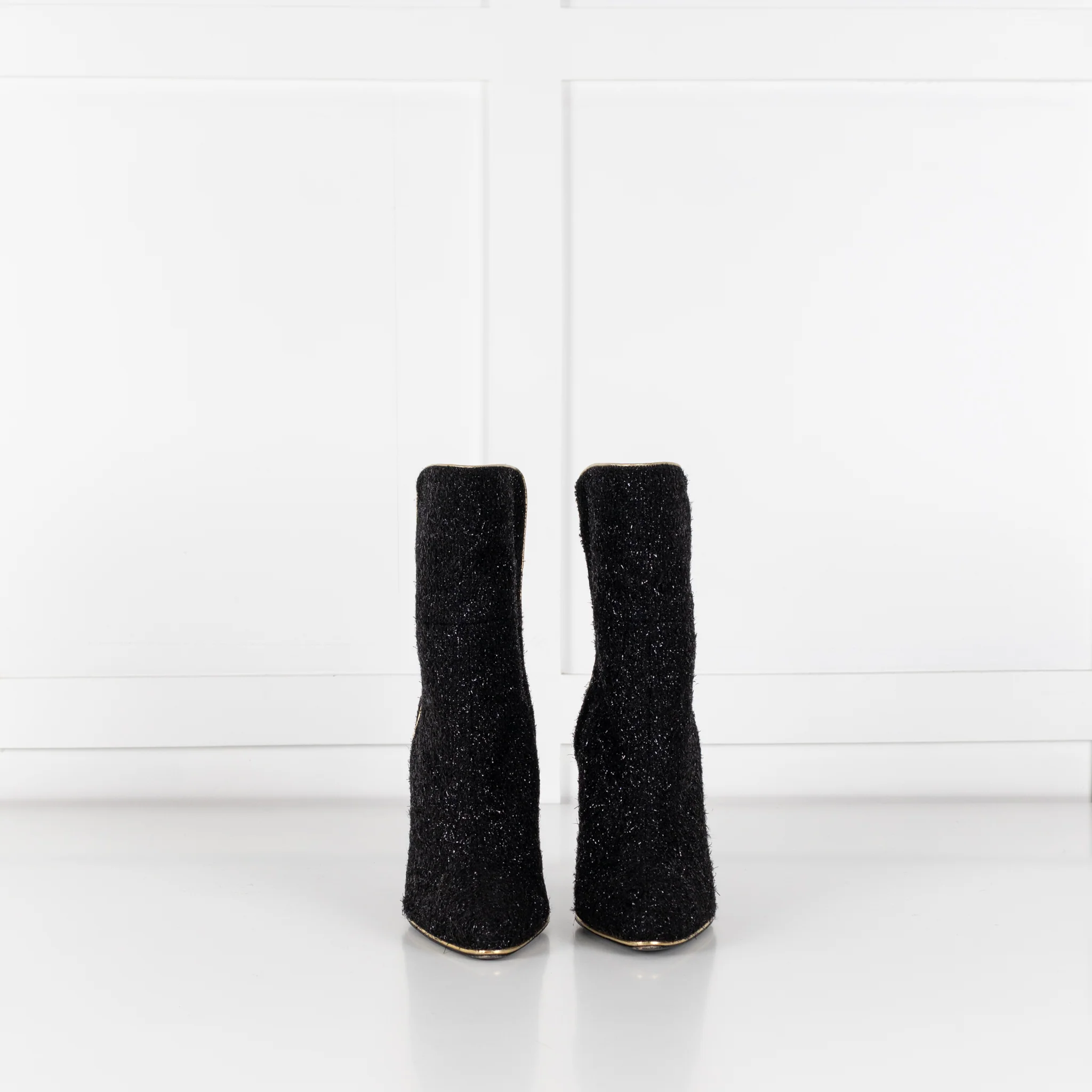Balmain Black Lurex Sparkle Fabric Gold Trim Ankle Boots - Image 2