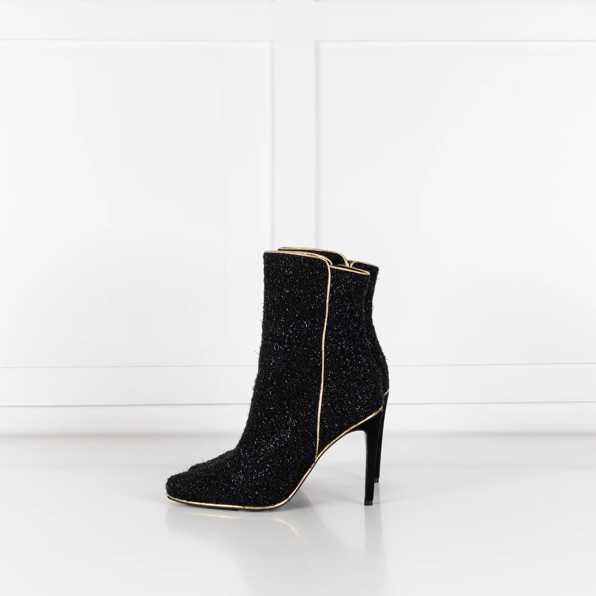 Balmain Black Lurex Sparkle Fabric Gold Trim Ankle Boots - Image 3