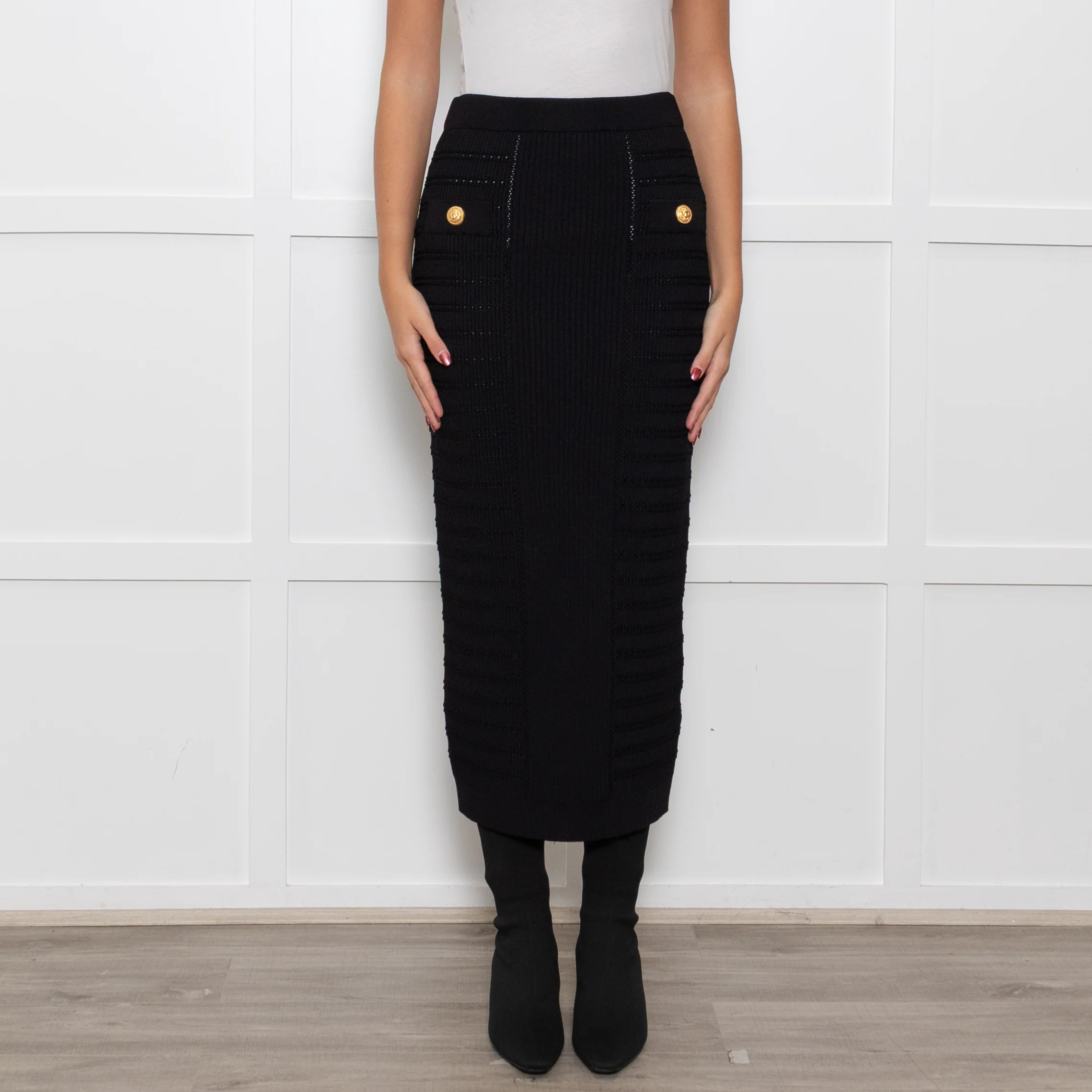Balmain Black Ribbed Knit Pencil Skirt - Image 2
