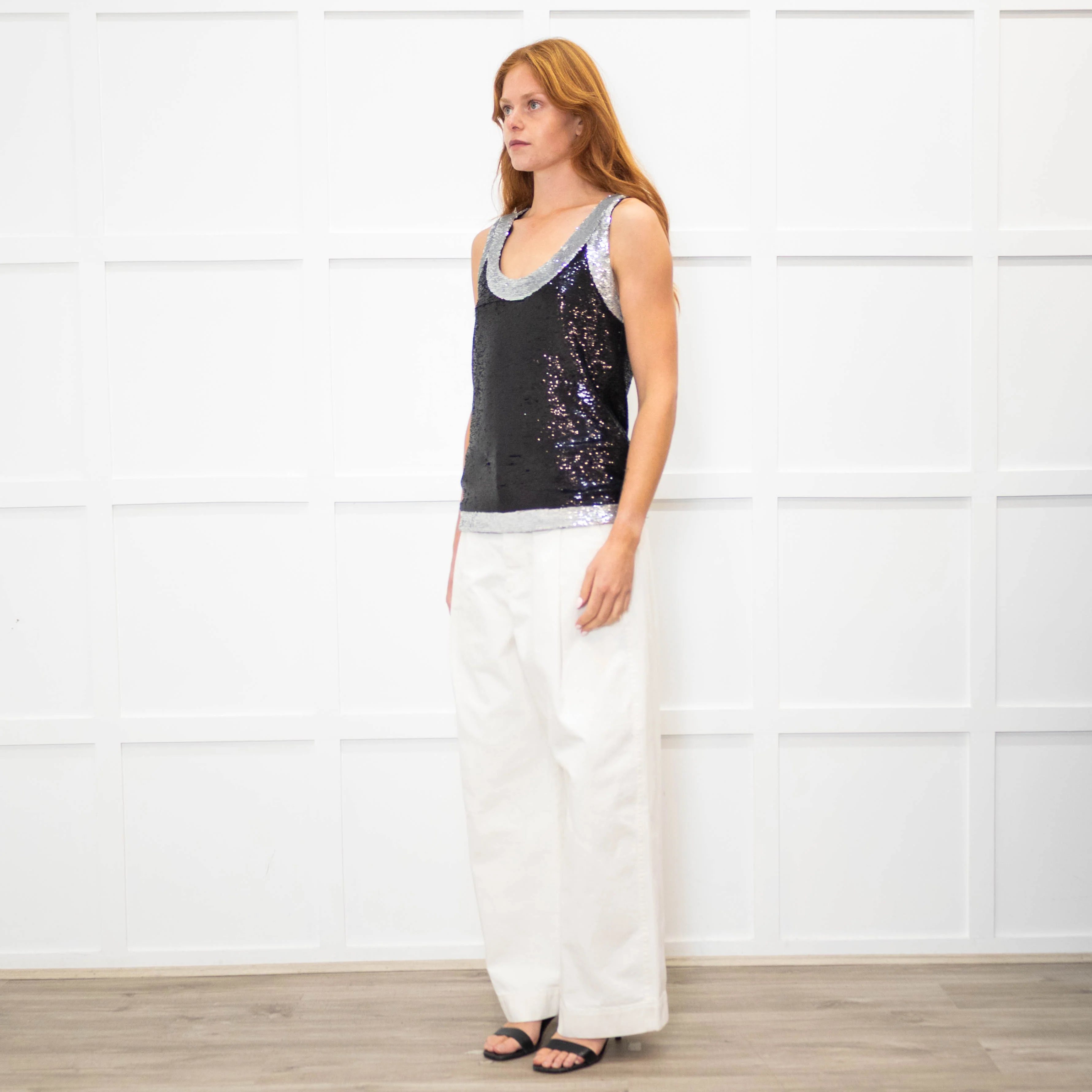 Balmain Black Silver Trim Sequinned Sleeveless Top - Image 3