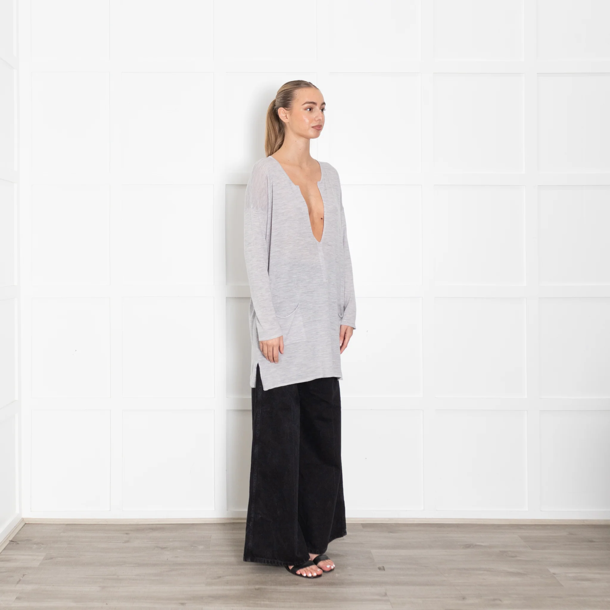 Bamford Merino Wool Grey Deep V Top - Image 7