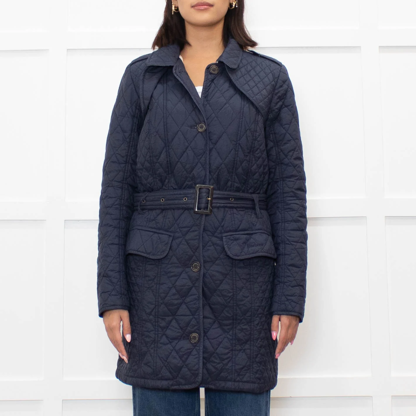 Barbour Navy Quilted Belted Jacket - Image 2
