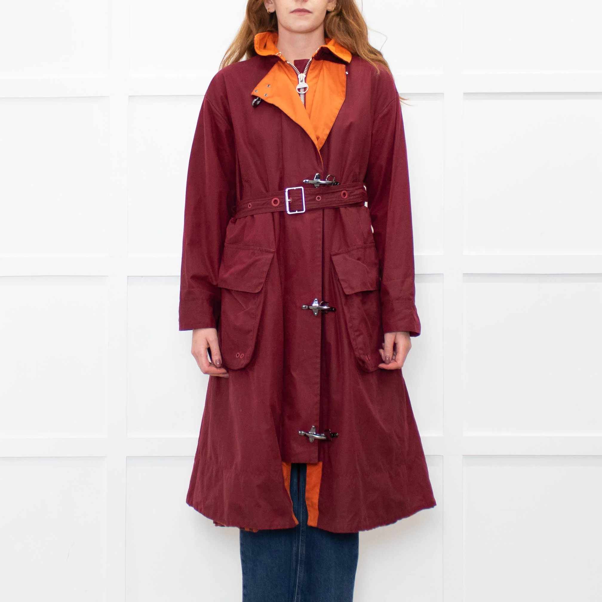Barbour X Roksanda Burgundy and Orange Waxed Evengia Coat - Image 2