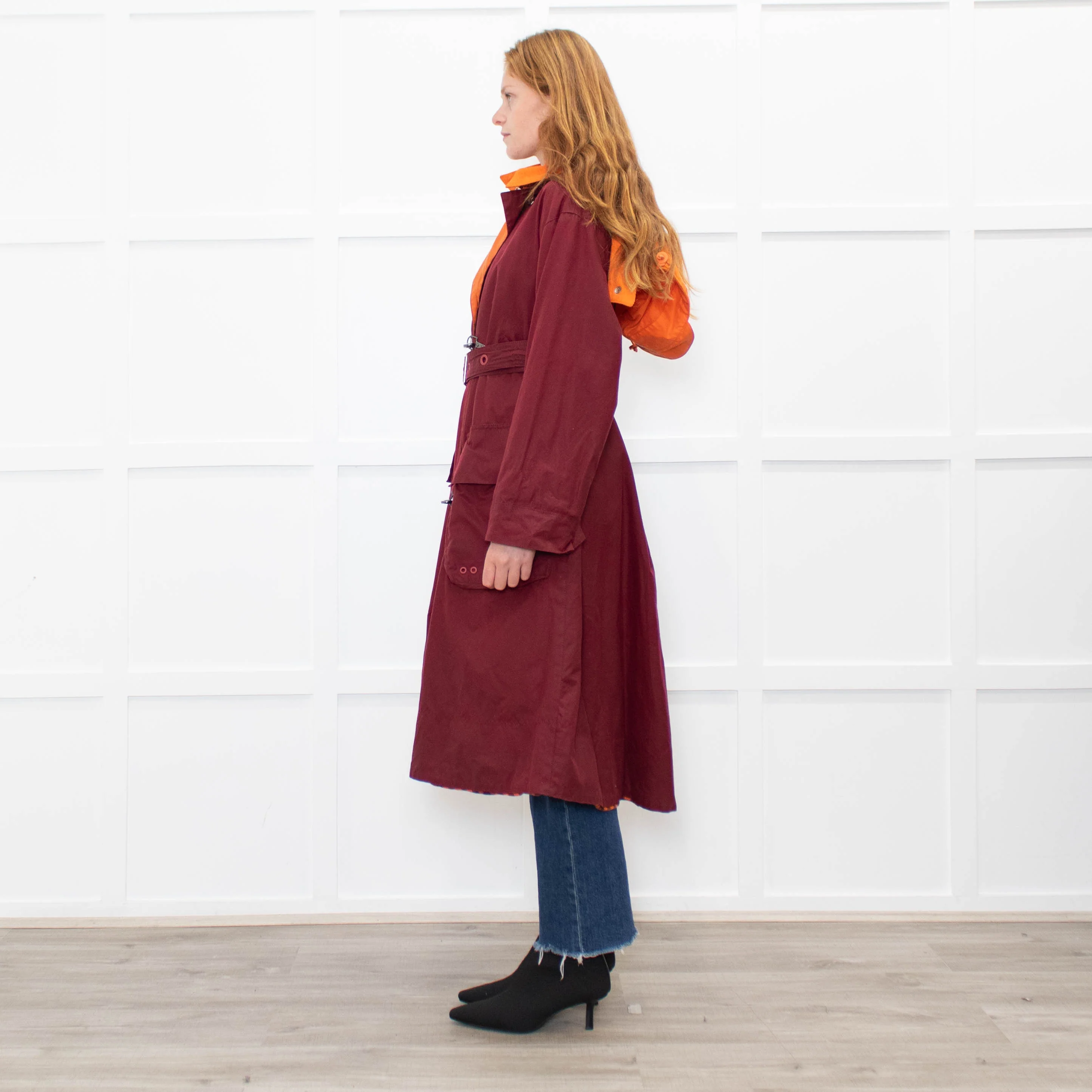 Barbour X Roksanda Burgundy and Orange Waxed Evengia Coat - Image 4