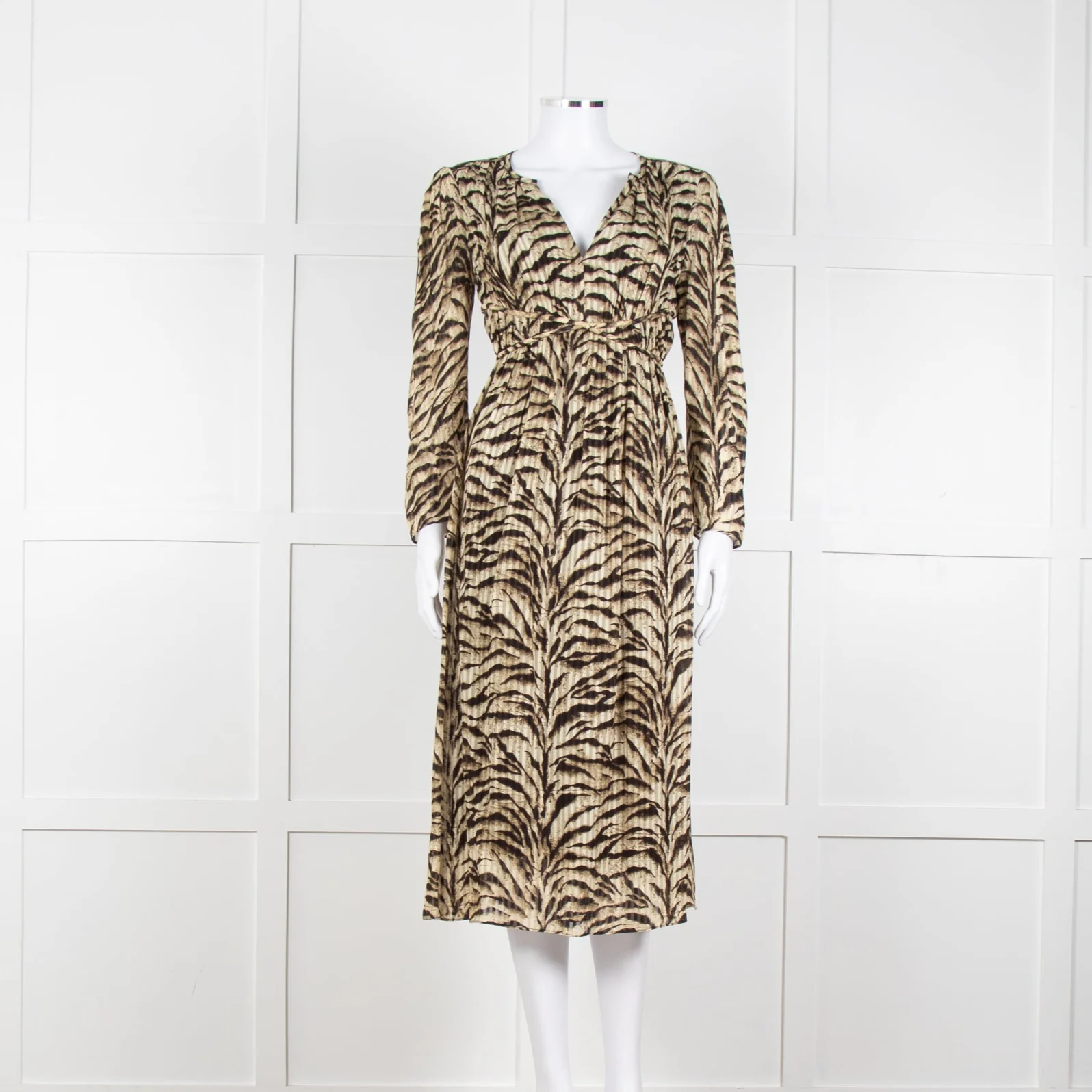 Ba&sh Beige Tigerprint Pleated Notch Neckline Midi Dress