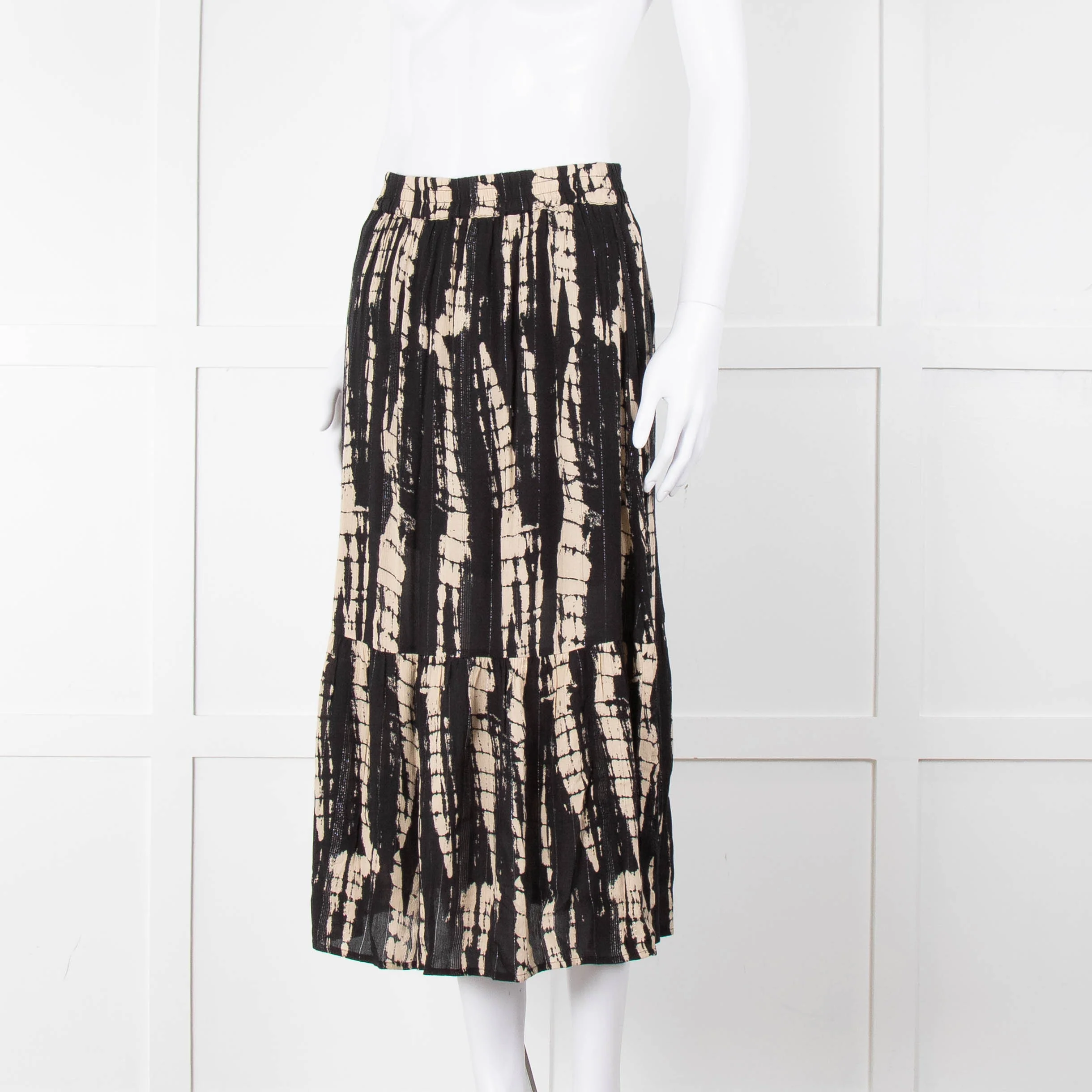 Ba&sh Black and Cream Tie Dye Midi Skirt with Lurex Thread - Image 8