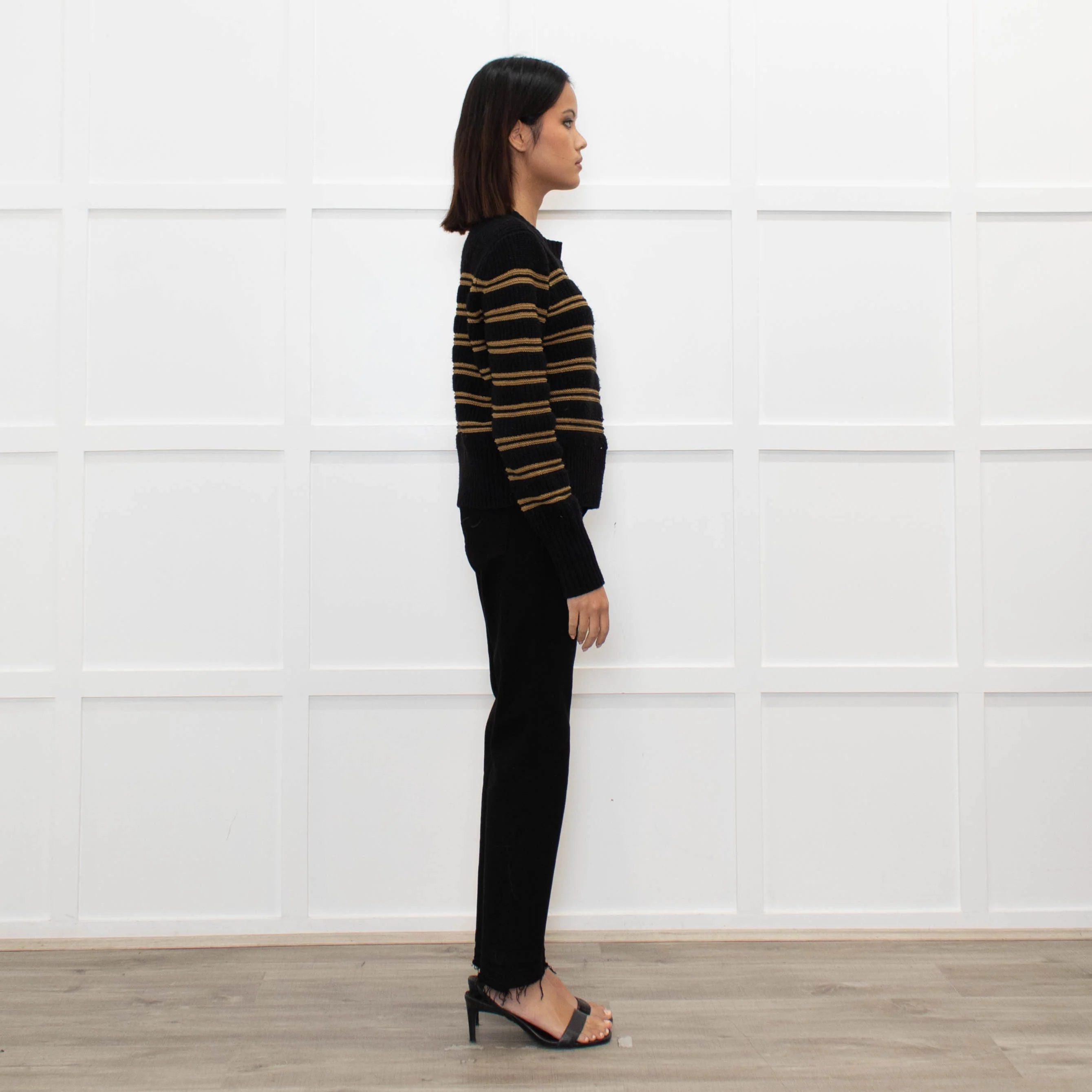 Ba&sh Black Brown Stripes Gold Buttons On Shoulders Wool Blend Jumper - Image 4