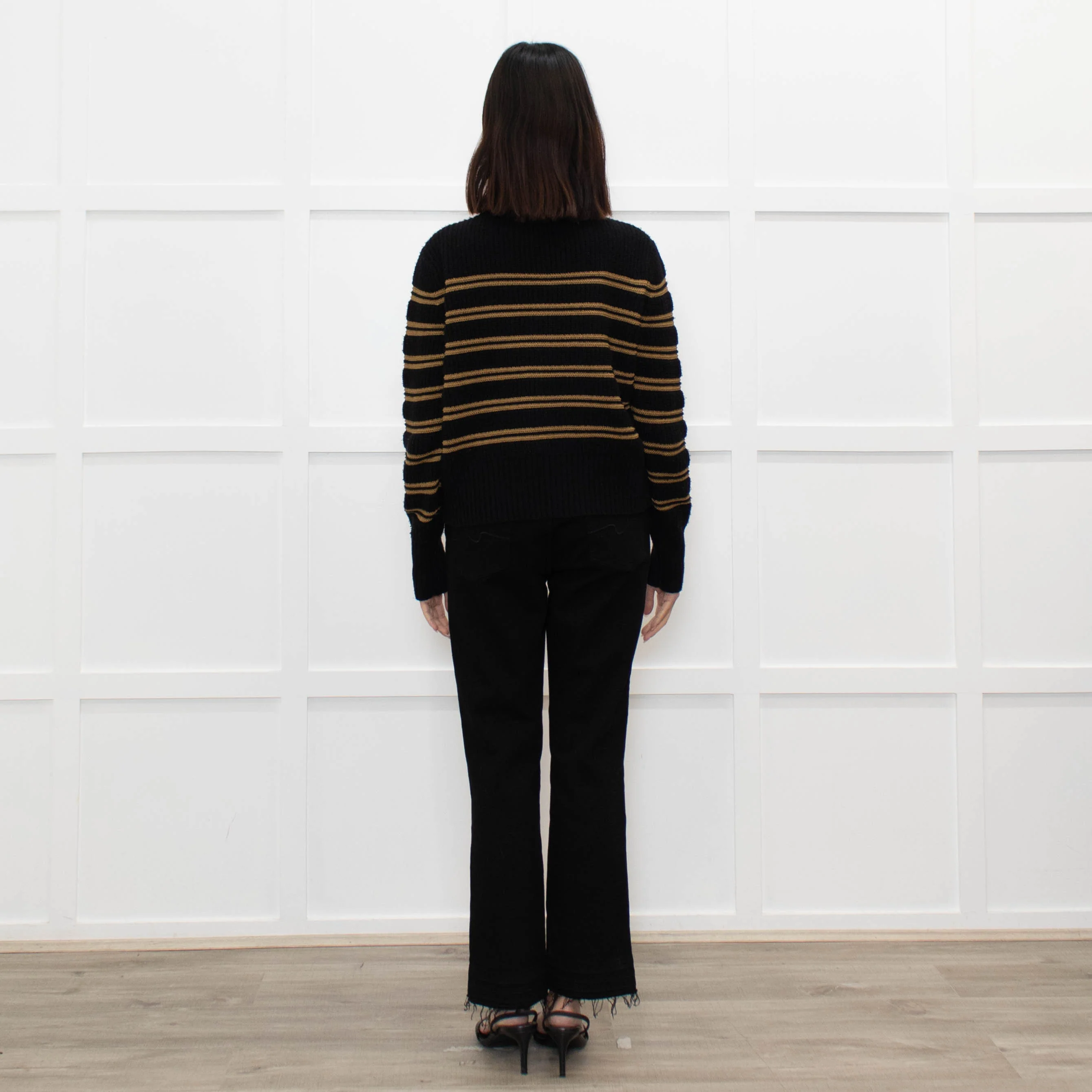 Ba&sh Black Brown Stripes Gold Buttons On Shoulders Wool Blend Jumper - Image 5