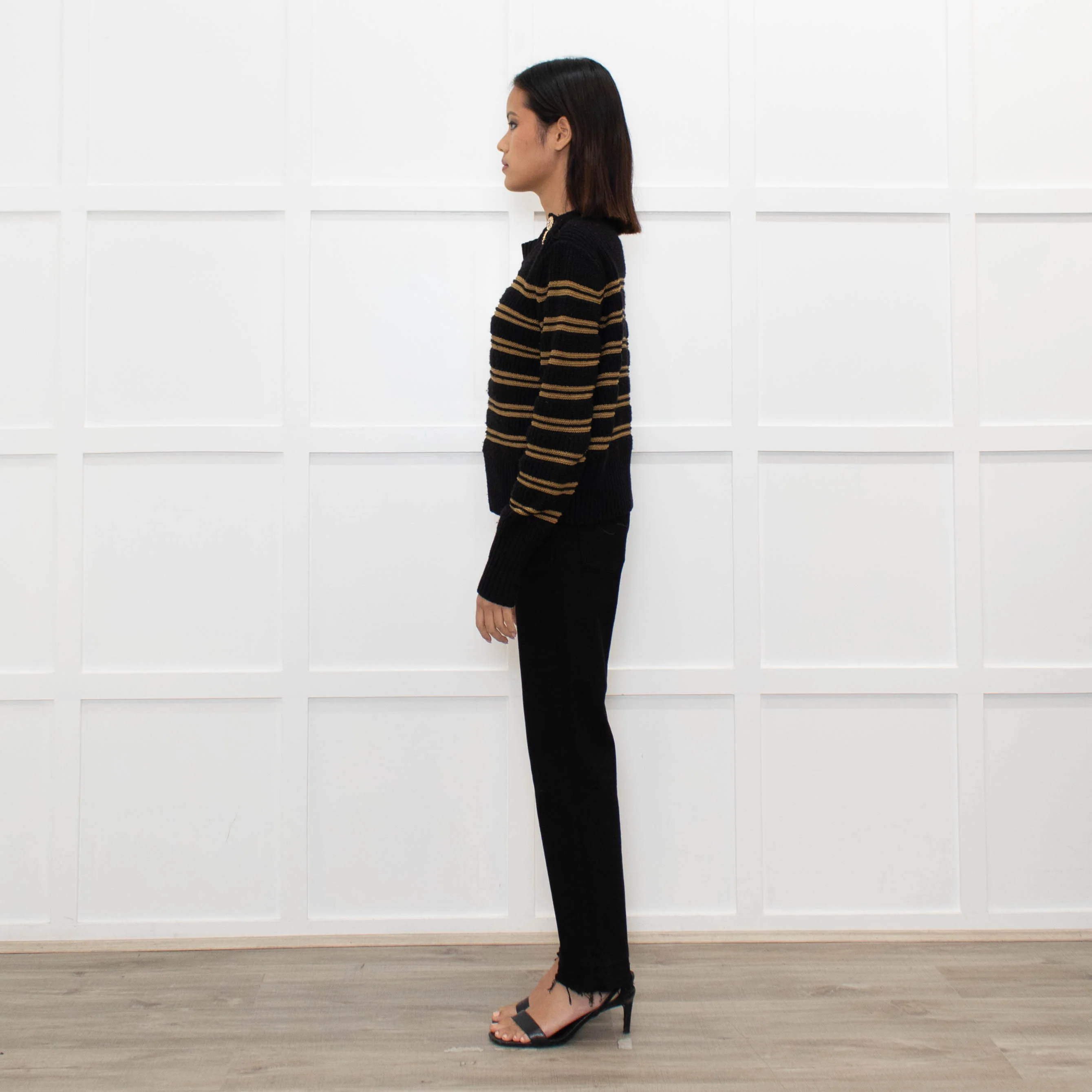 Ba&sh Black Brown Stripes Gold Buttons On Shoulders Wool Blend Jumper - Image 6