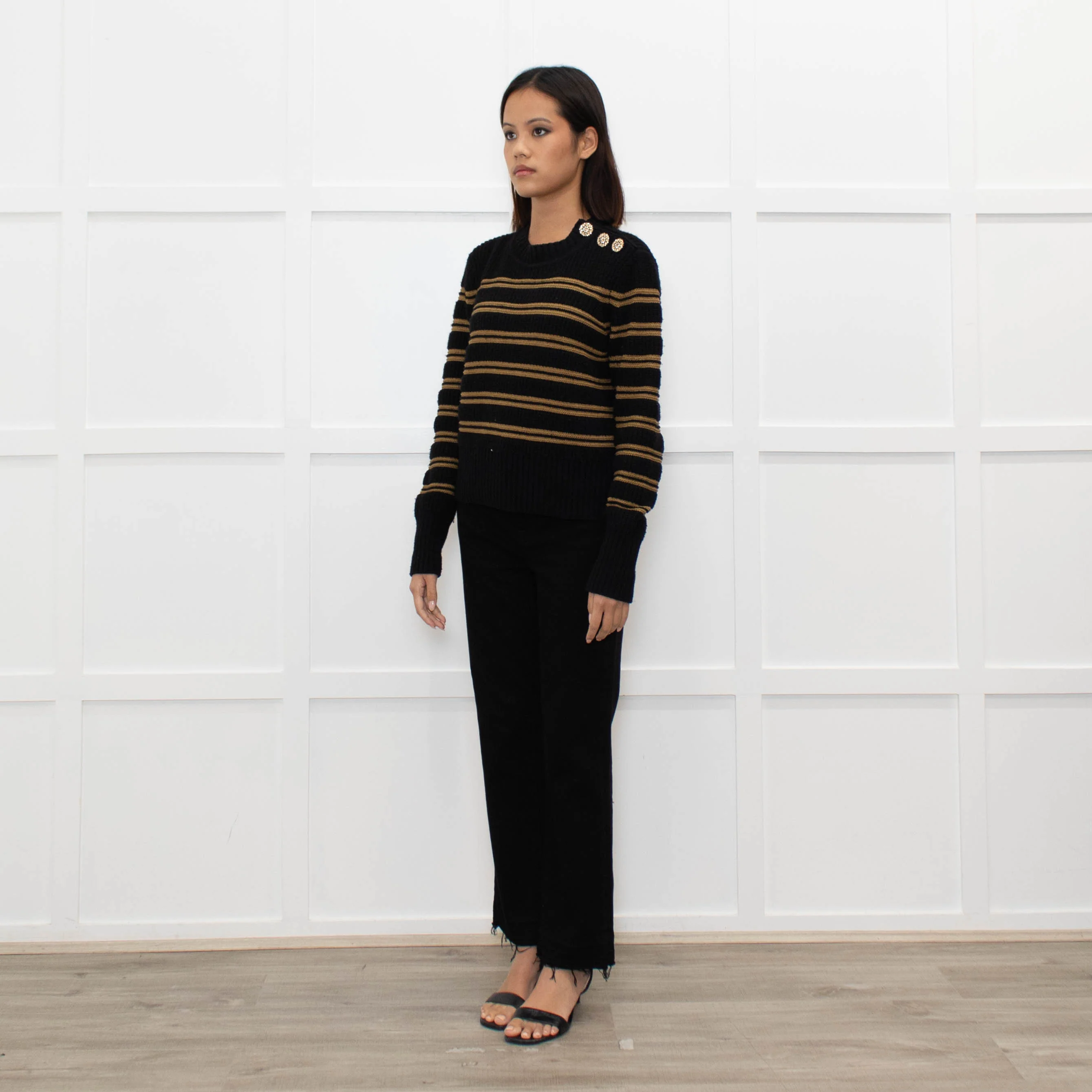 Ba&sh Black Brown Stripes Gold Buttons On Shoulders Wool Blend Jumper - Image 7