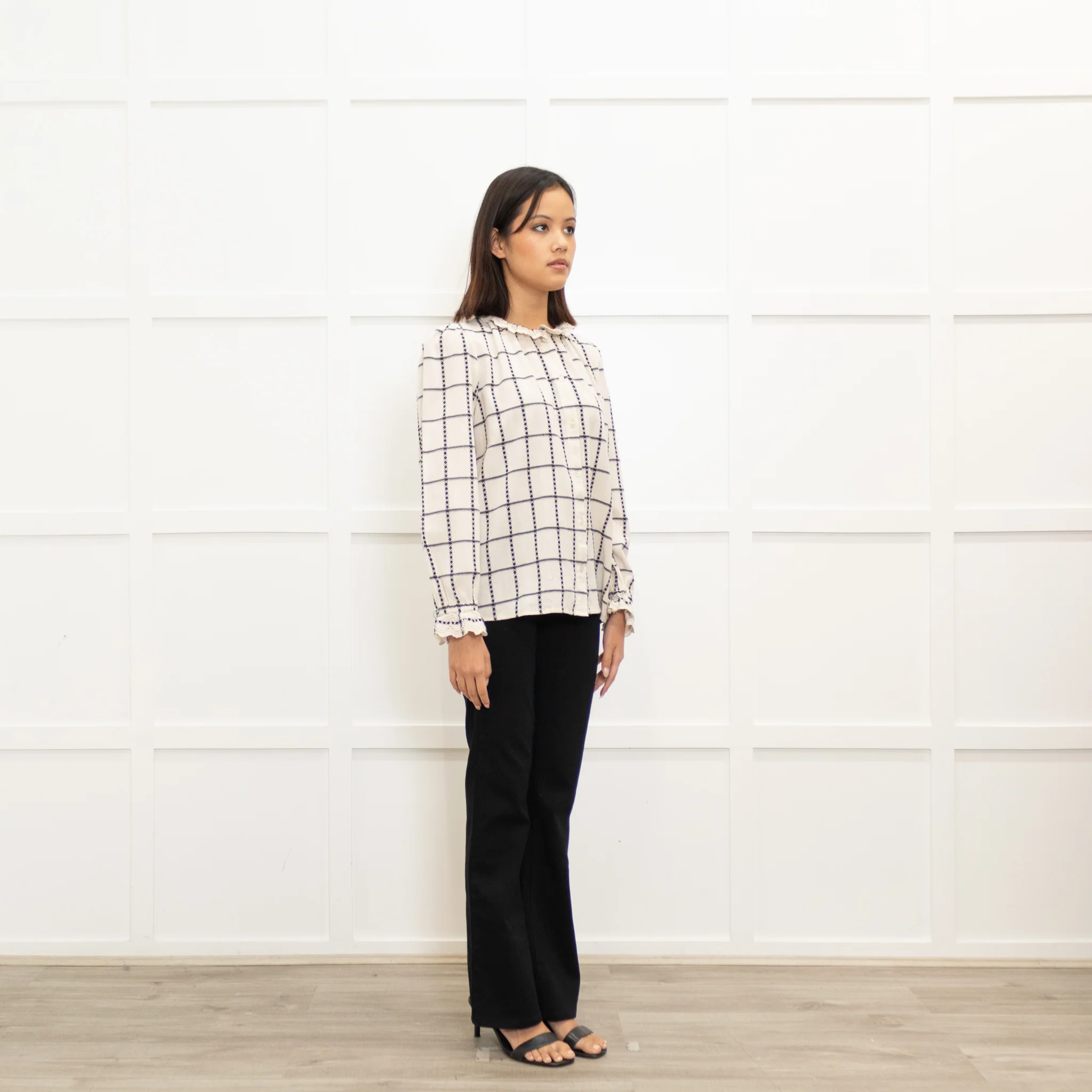 ba&sh Black & Cream Checked Cotton Blouse With Frill Cuffs & Collar - Image 3