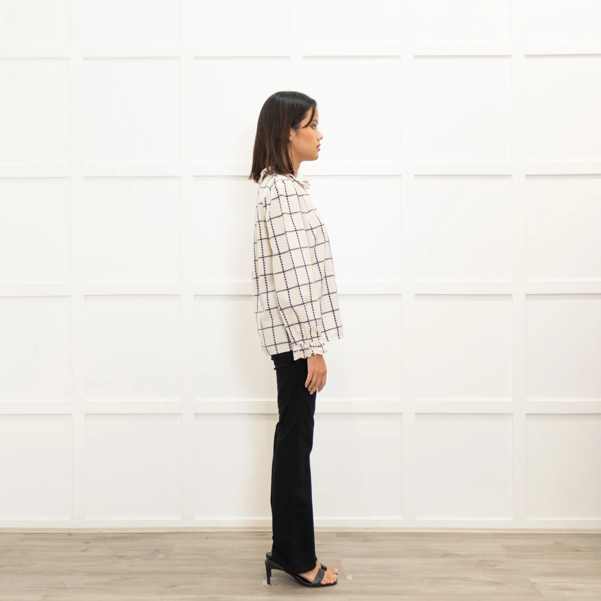 ba&sh Black & Cream Checked Cotton Blouse With Frill Cuffs & Collar - Image 4