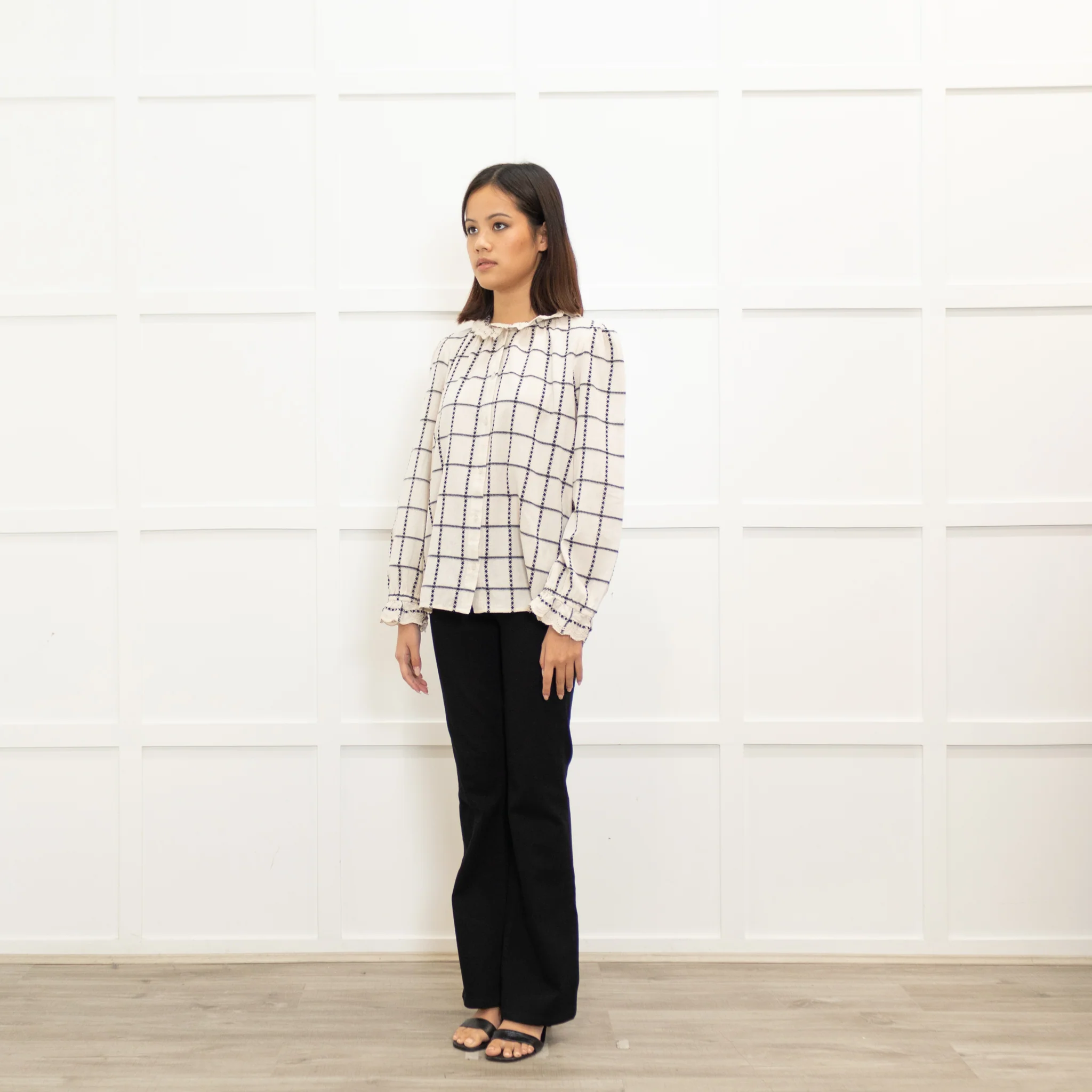 ba&sh Black & Cream Checked Cotton Blouse With Frill Cuffs & Collar - Image 7