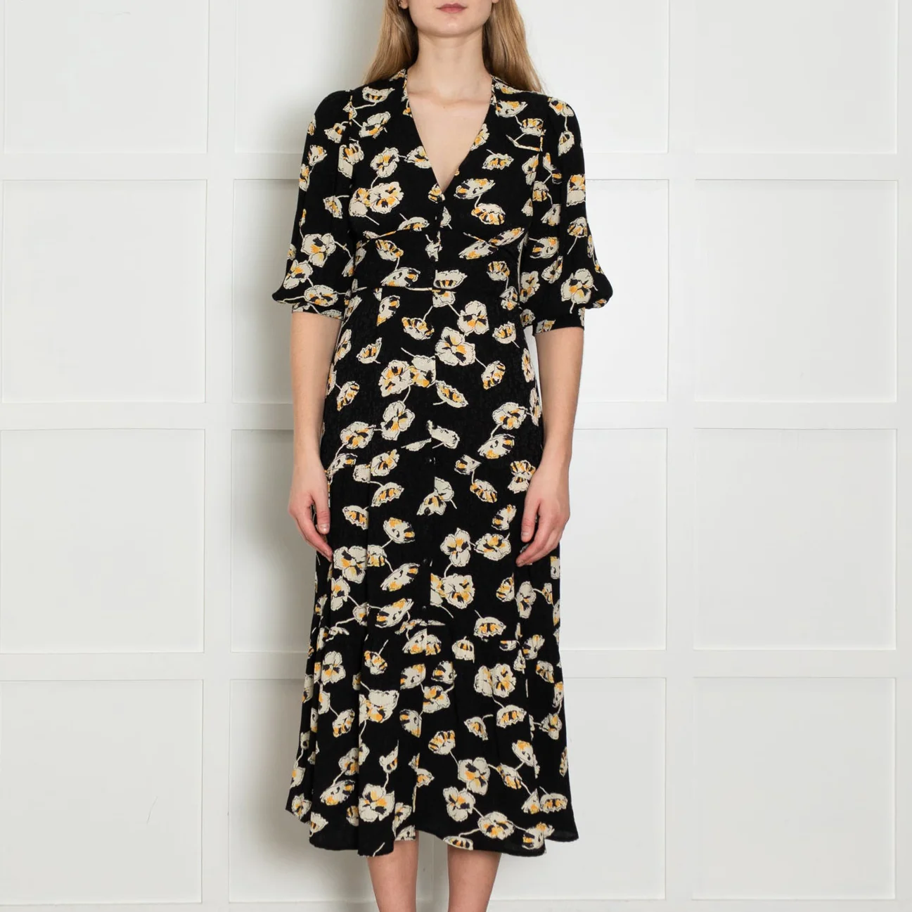 Ba&sh Black Cream Yellow Floral Button Up Front Dress - Image 2
