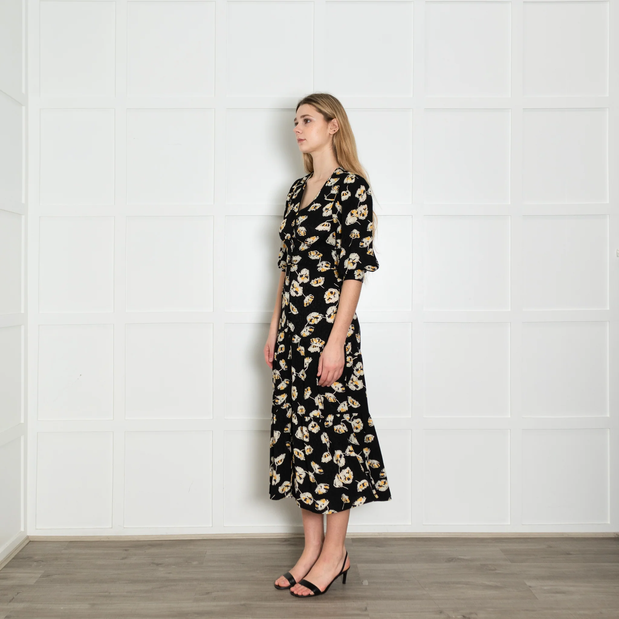 Ba&sh Black Cream Yellow Floral Button Up Front Dress - Image 3