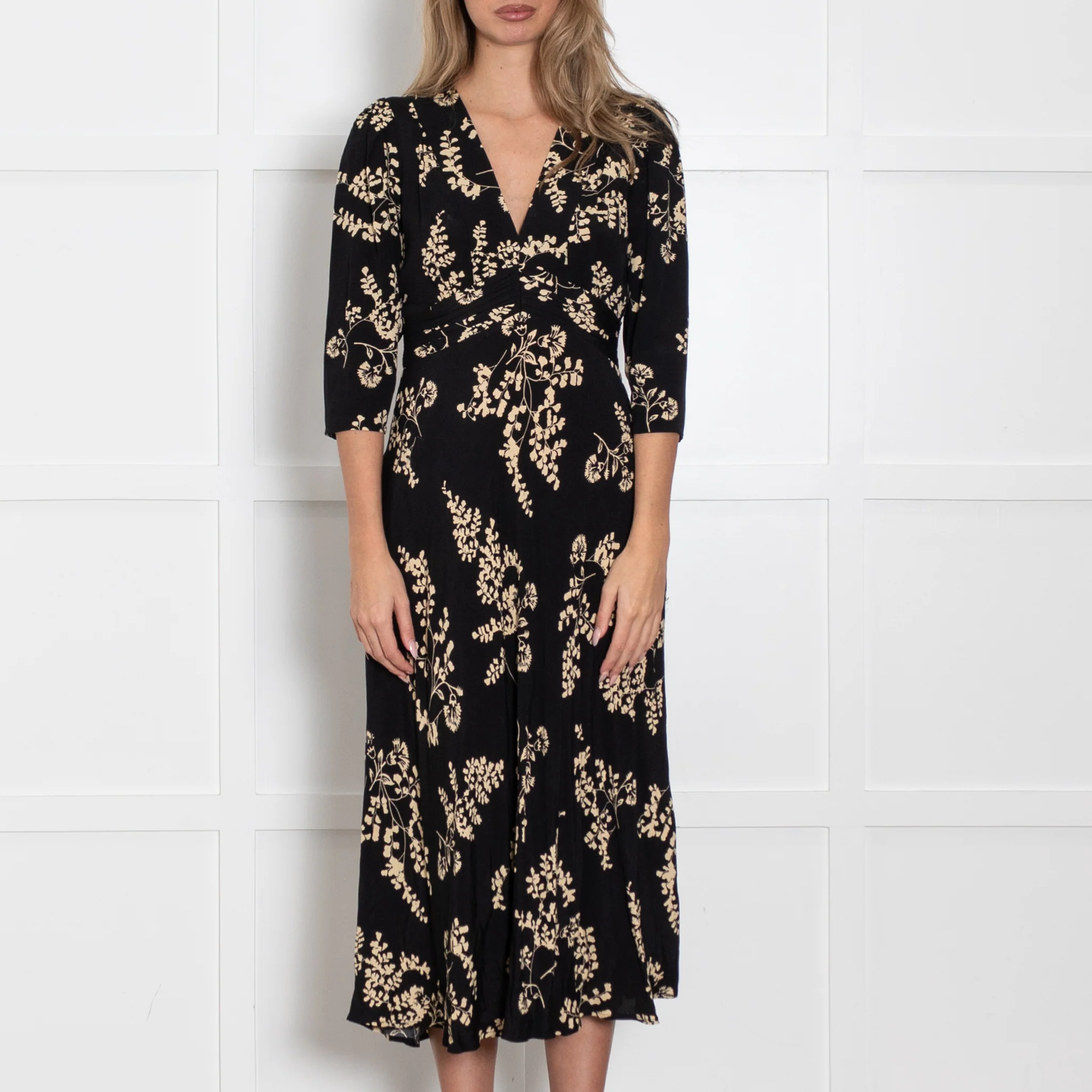 ba&sh Black Dress With Yellow Floral Print And Mid Length Sleeves - Image 2