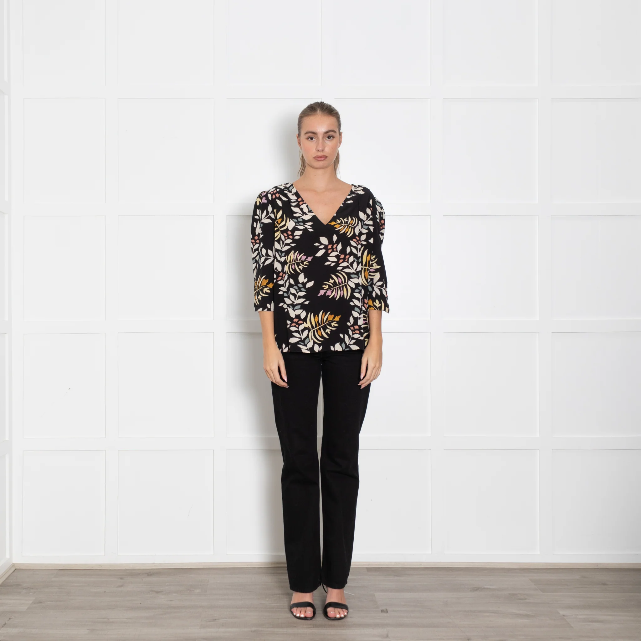 Ba&sh Black Floral Blouse with Gathered Cuffs