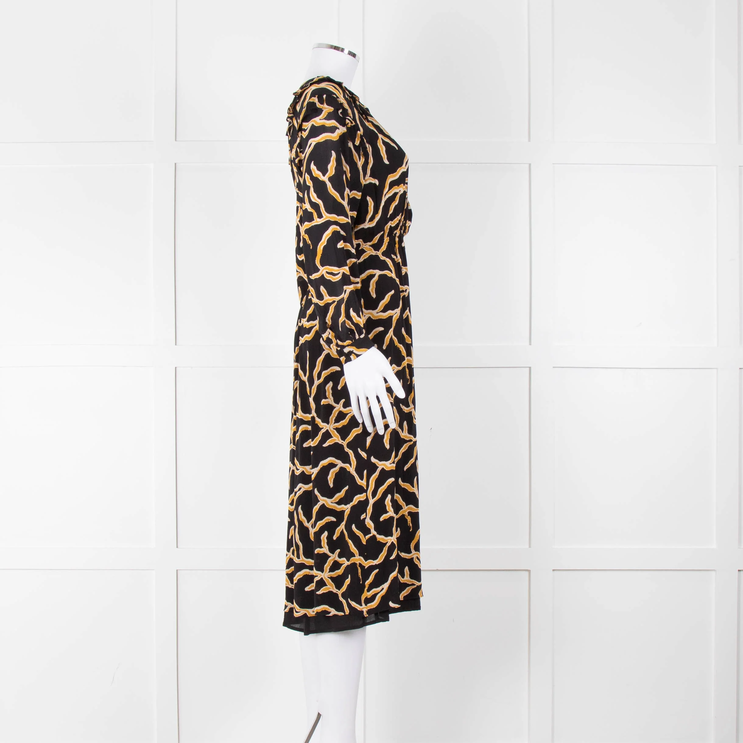 Ba&sh Black Gold Cream Branch Print Sleeved Midi Dress - Image 3